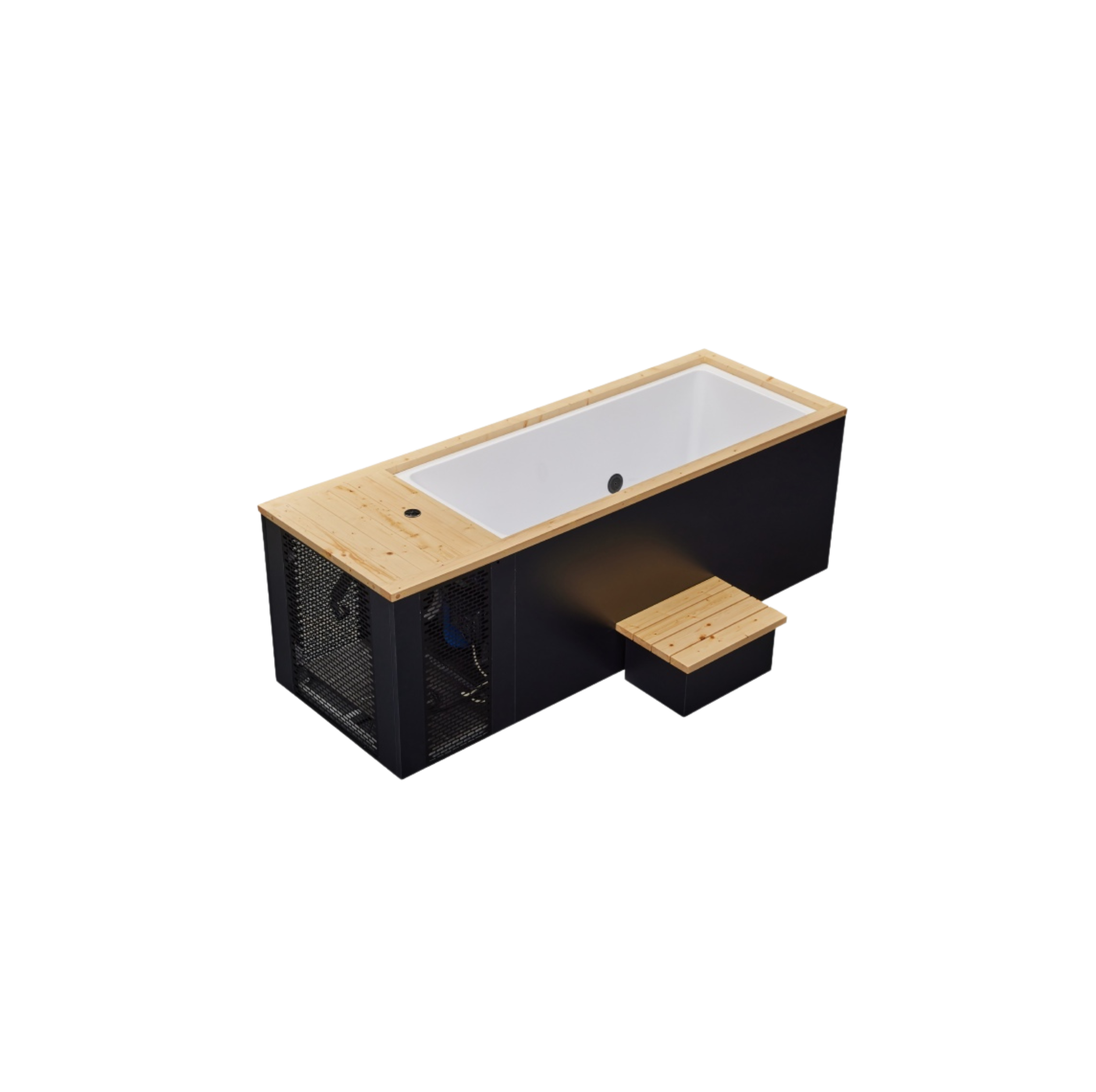 Modern bathtub with wooden surround and small wooden step, black exterior, and white interior.