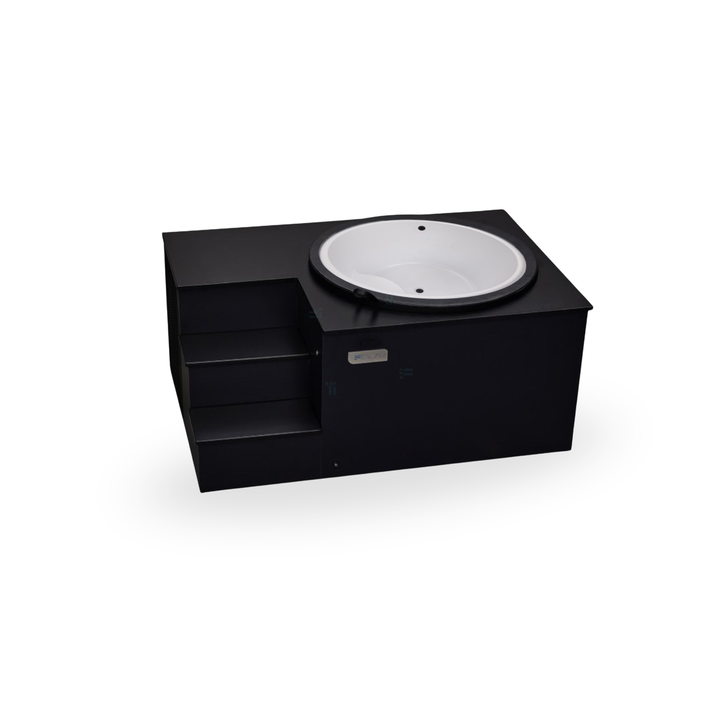 A modern black laundromat washing machine with a circular white drum, no door, and open shelves on the side