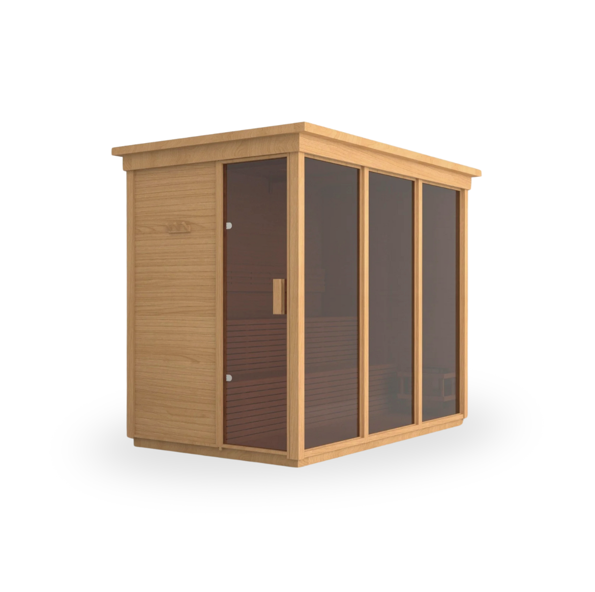 A wooden outdoor sauna with glass doors and panels on a white background.