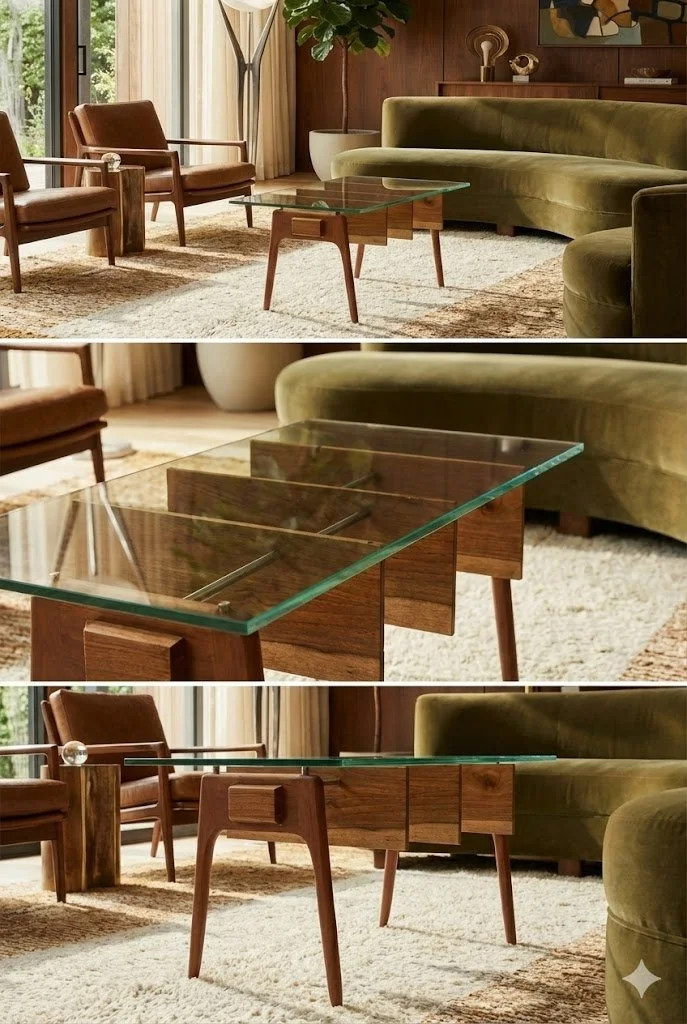 Rib table.  Solid Canarywood and solid Cherry.  Stainless steel and glass.