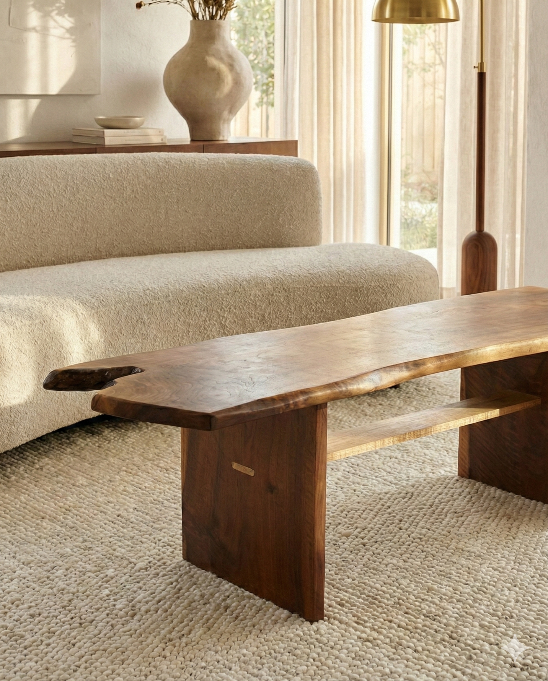 Lived edge Claro Walnut coffee table with Soft Maple through-tenon stretcher.  All solid woods.