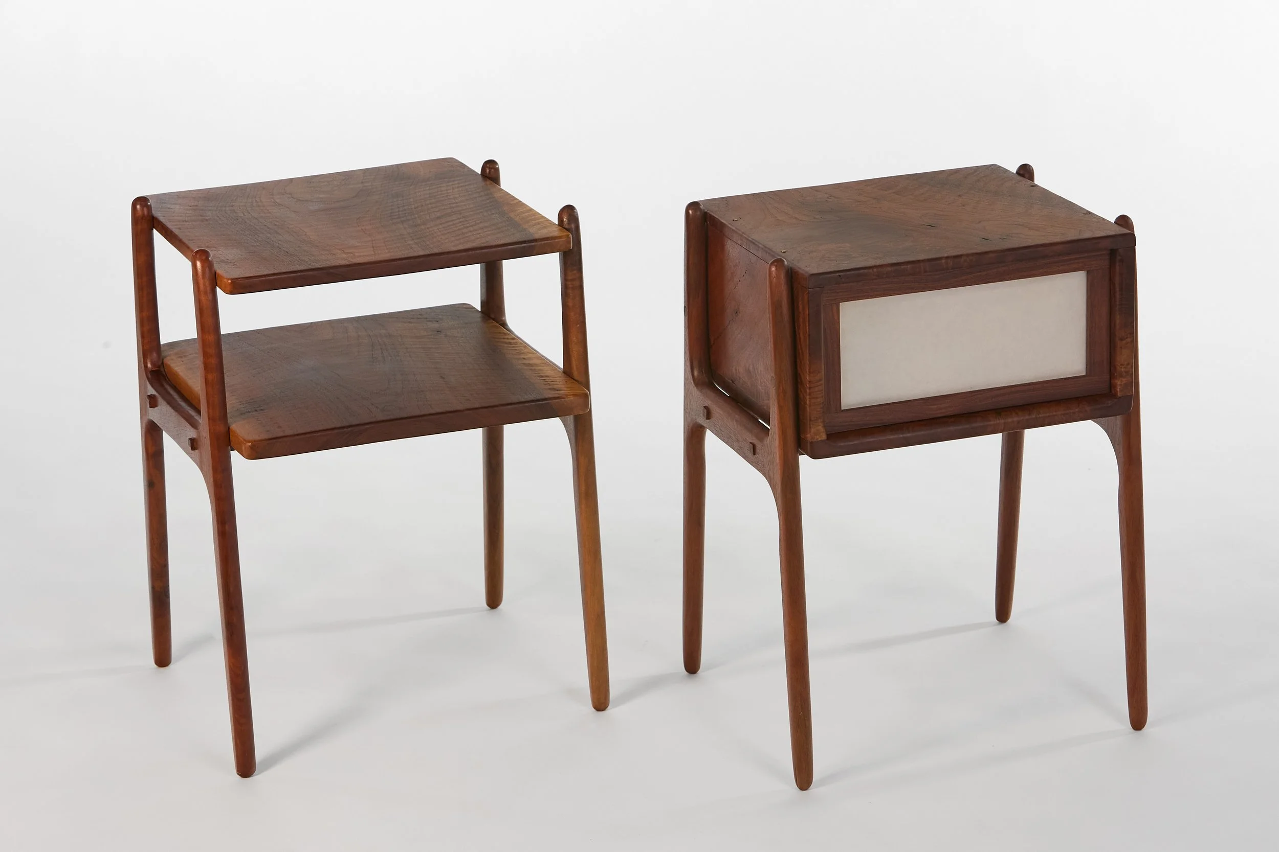 Two-Tier end table on the left and lightbox table on the right.   Both made from solid Claro Walnut.