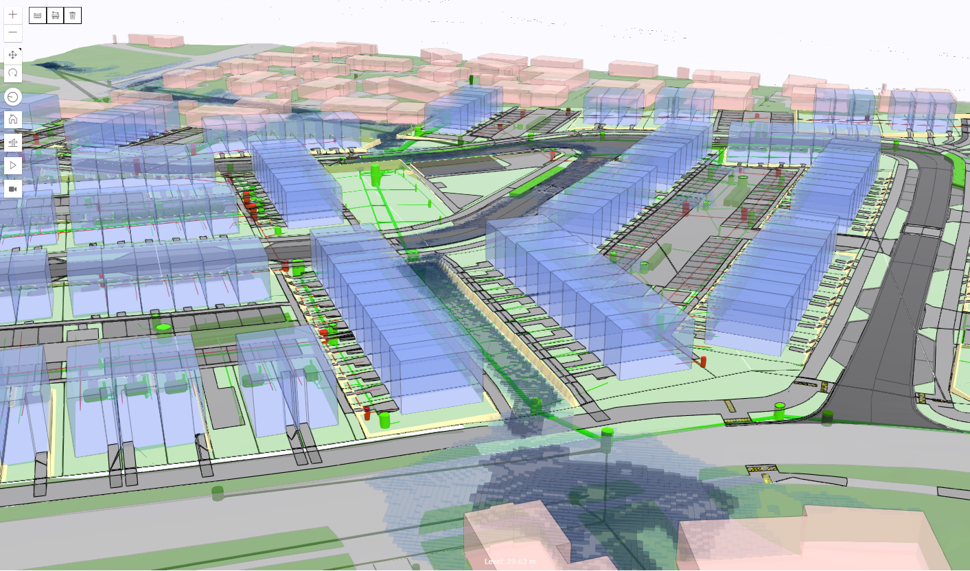 A detailed digital architectural rendering of an urban community layout, featuring multiple residential buildings with transparent blue roofs, roads, parking areas, green spaces with trees, and water features, illustrating a planned or conceptual city development.