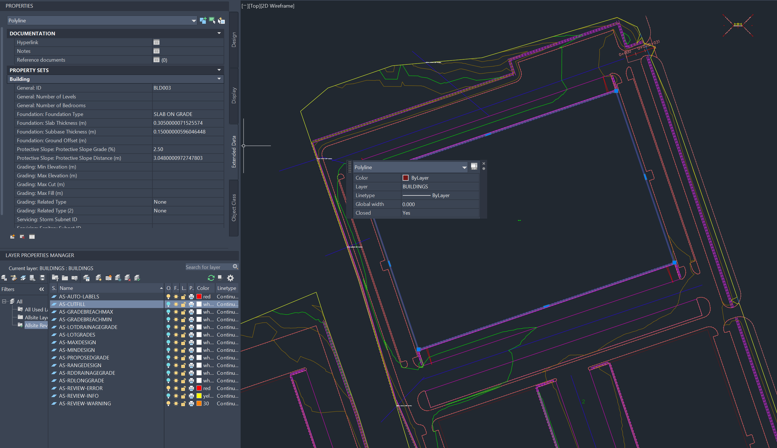 A computer-aided design (CAD) software interface showing a detailed top-down technical drawing of a building layout with multiple colored lines representing different components and layers of the building plan.