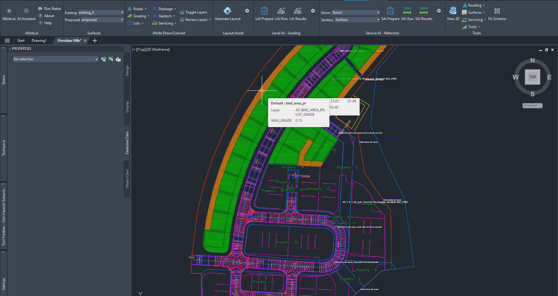 A computer-aided design (CAD) layout of a residential development plan showing lots, streets, property boundaries, and utility layers in a digital drawing.