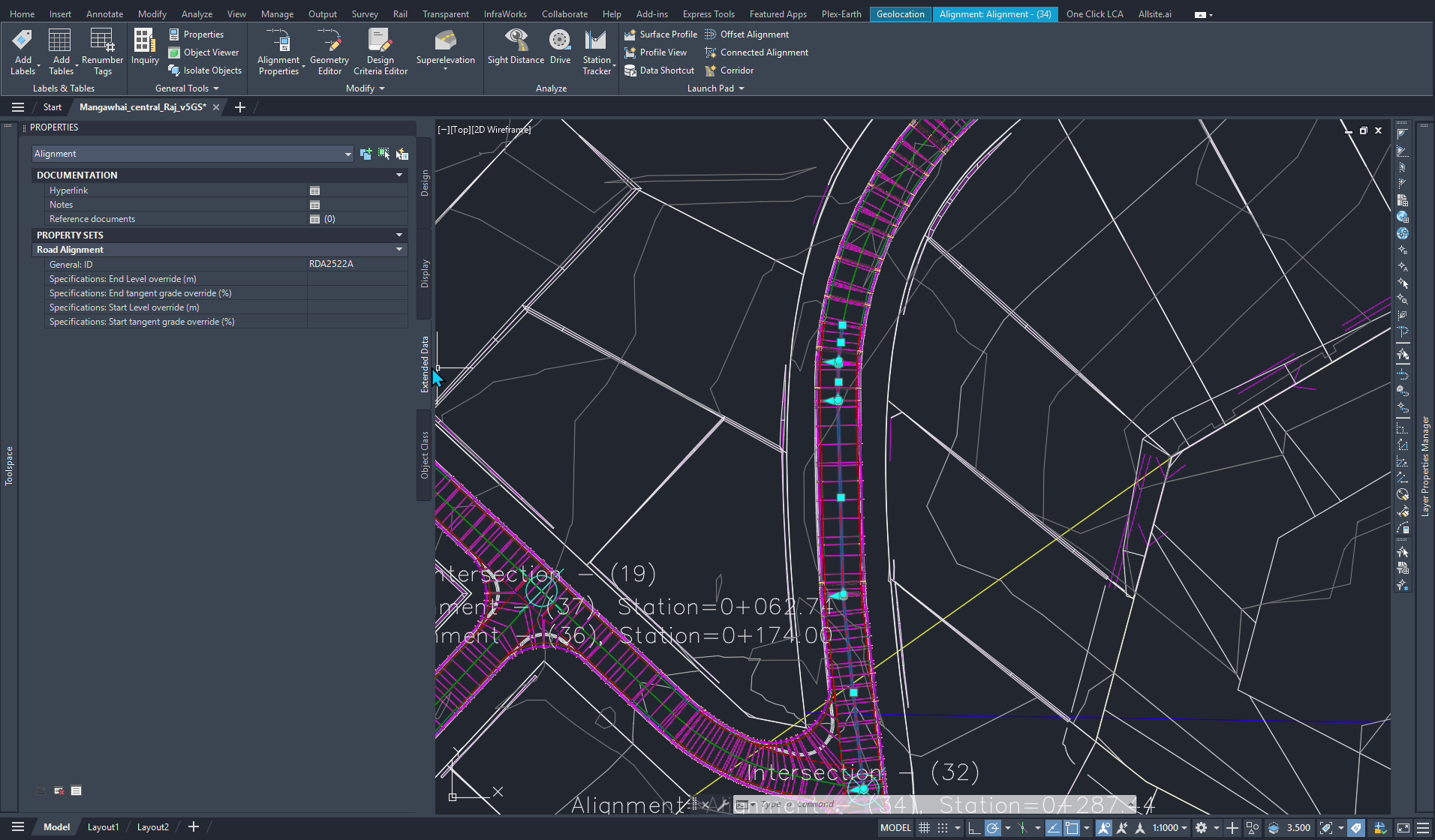A computer-aided design (CAD) drawing of a road layout, including various geometric and alignment details for a transportation project.
