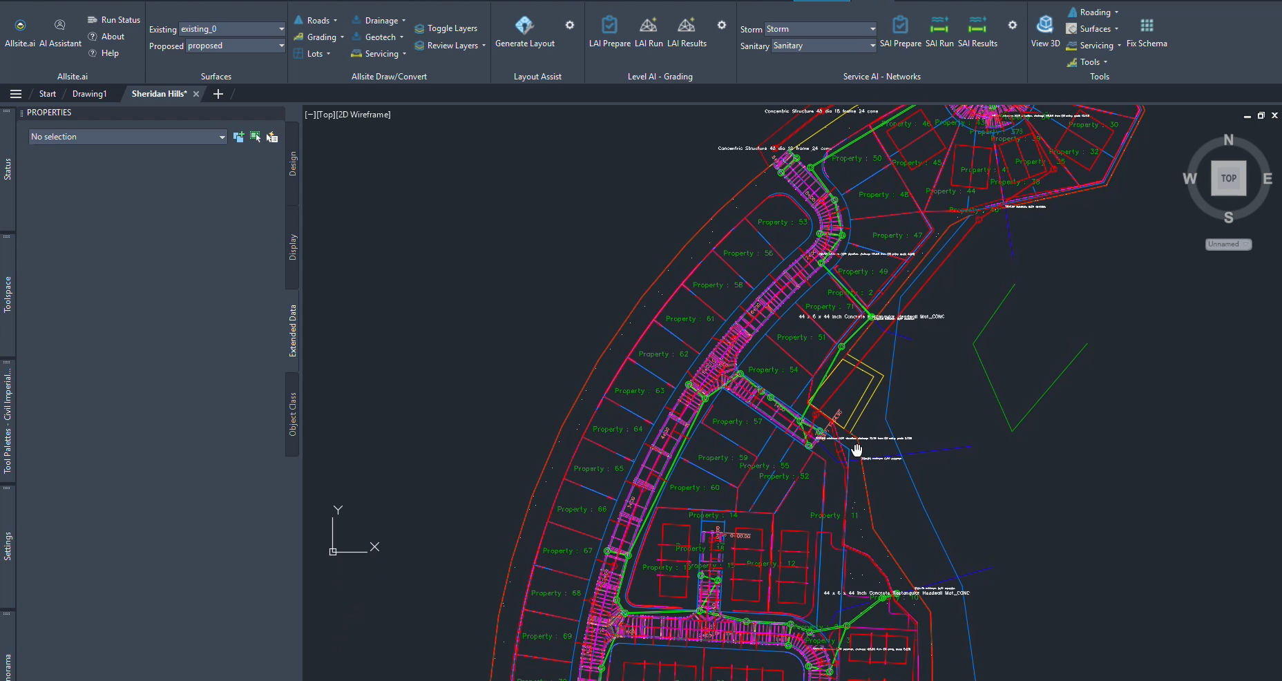 Screenshot of a CAD software interface showing a detailed site development plan with property boundaries, roads, utilities, and structures in colorful lines and annotations.