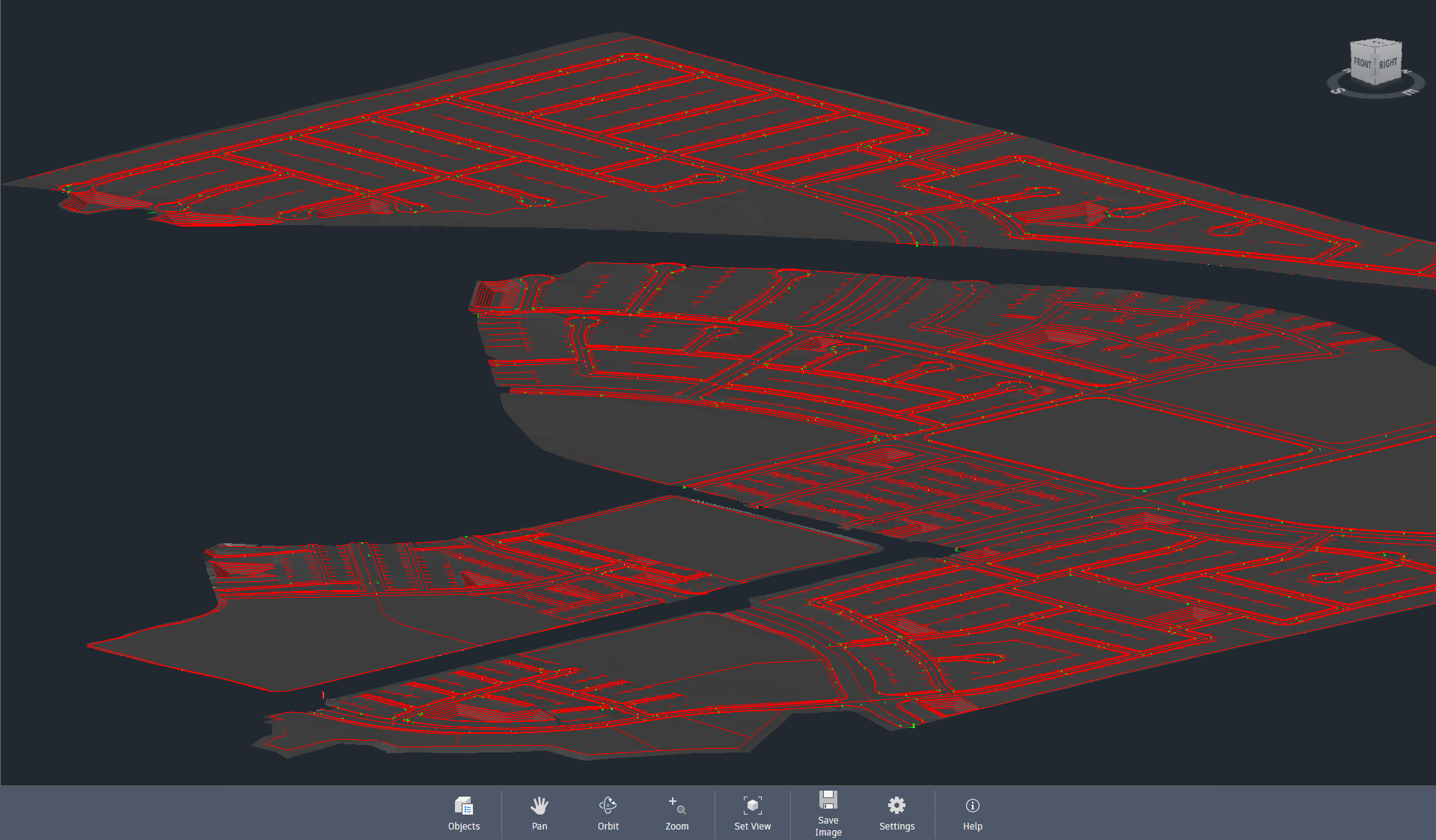 3D CAD model of a layered building or infrastructure layout with red lines representing the structure's contours, set against a dark background with a 3D navigation cube in the top right corner.