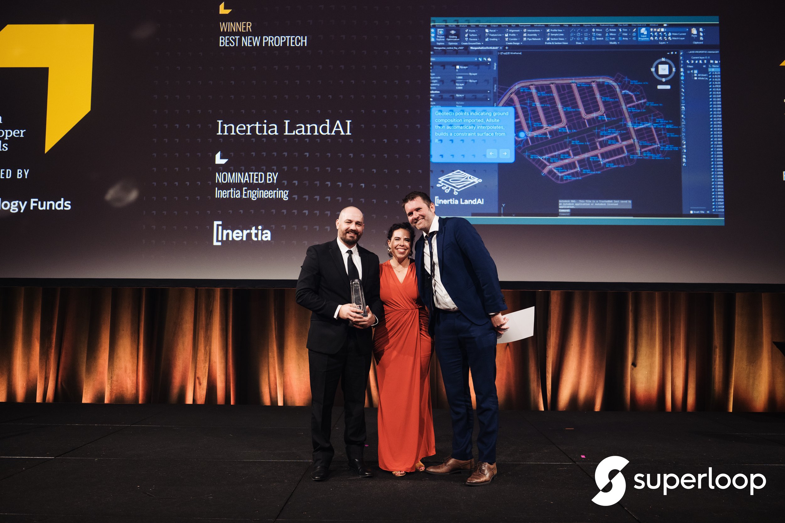 Inertia LandAI team receiving the Best New PropTech award at The Urban Developer Awards 2026