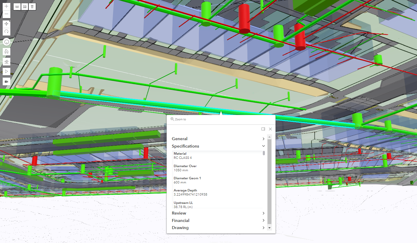 A 3D digital model of a building's piping system, showing various pipes in green and red, with a pop-up window displaying pipe specifications such as material, diameter, and depth.