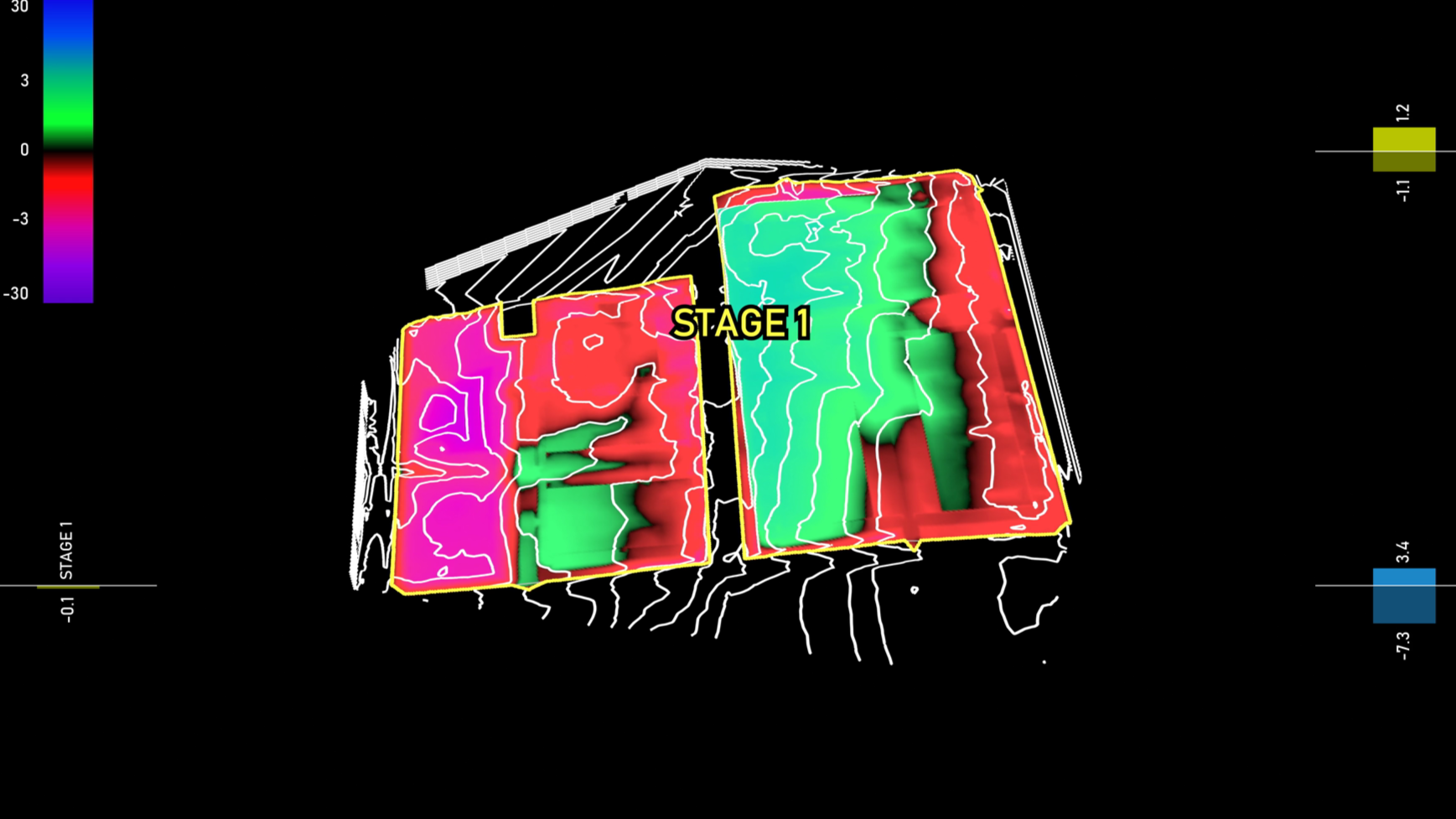 3D topographic map of a terrain with contour lines, displaying color-coded elevation levels in green, red, purple, and blue. The map highlights a designated area labeled 'STAGE 1' within a yellow boundary boundary, with elevation data shown on the sides and bottom.