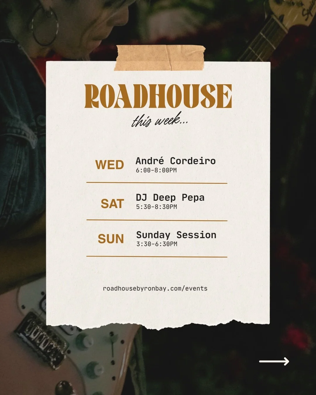 What&rsquo;s on this week @ The Roady: live music, good pours + a bonus Sunday session.

Wed &mdash; Andr&eacute; Cordeiro (6&ndash;8pm)
Sat &mdash; DJ Deep Pepa (5:30&ndash;8:30pm)
Sun &mdash; Sunday Sesh w/ DJ Papa Bitcho (3:30&ndash;6:30pm)
Evenin