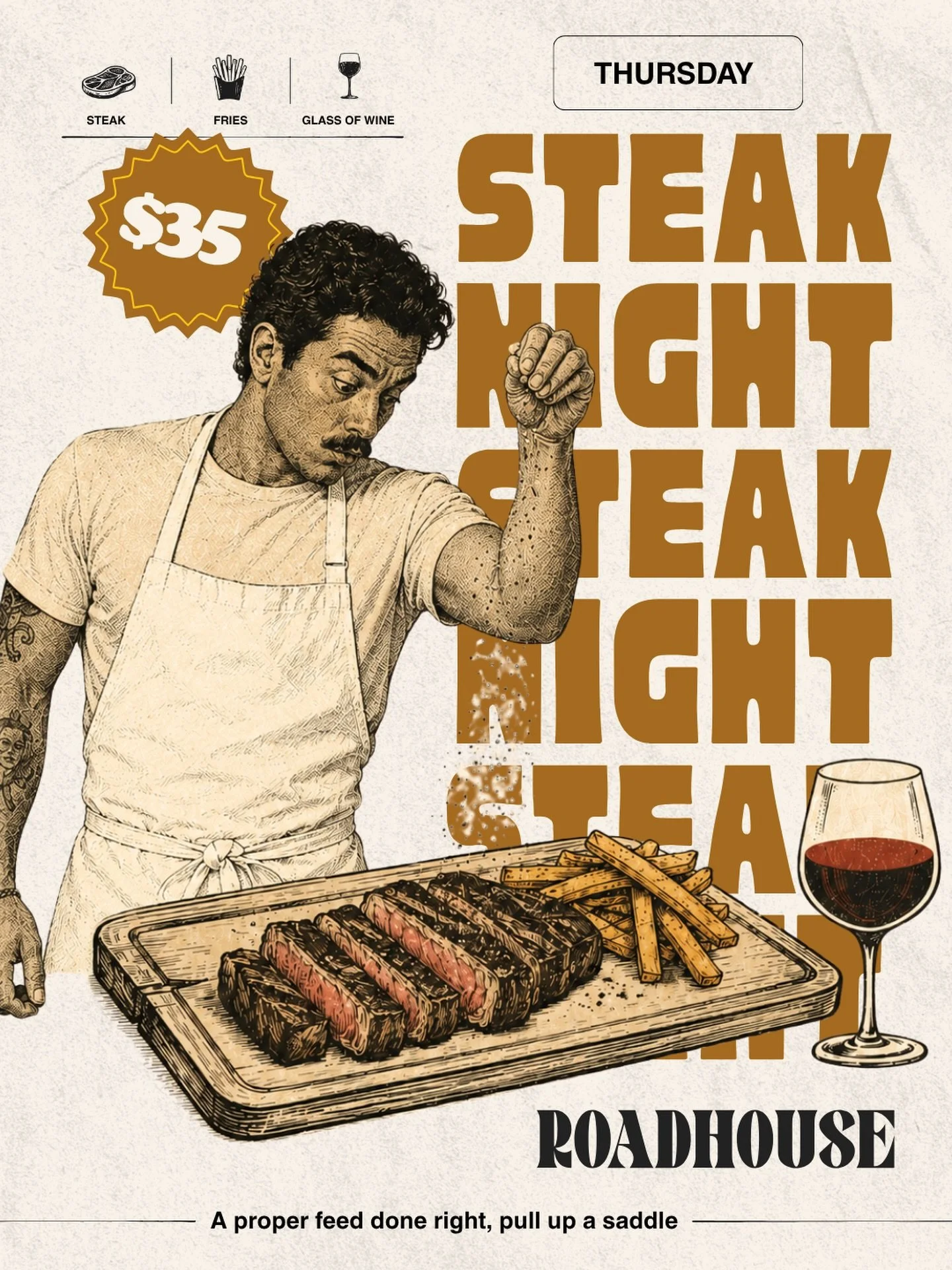 Pull up a saddle 🤠The Roadhouse Steak Night kicks off this Thursday! $35 for steak, fries + a glass of wine. Mushroom option available. Full menu on too. A proper feed done right. Book via link in bio. 🔥