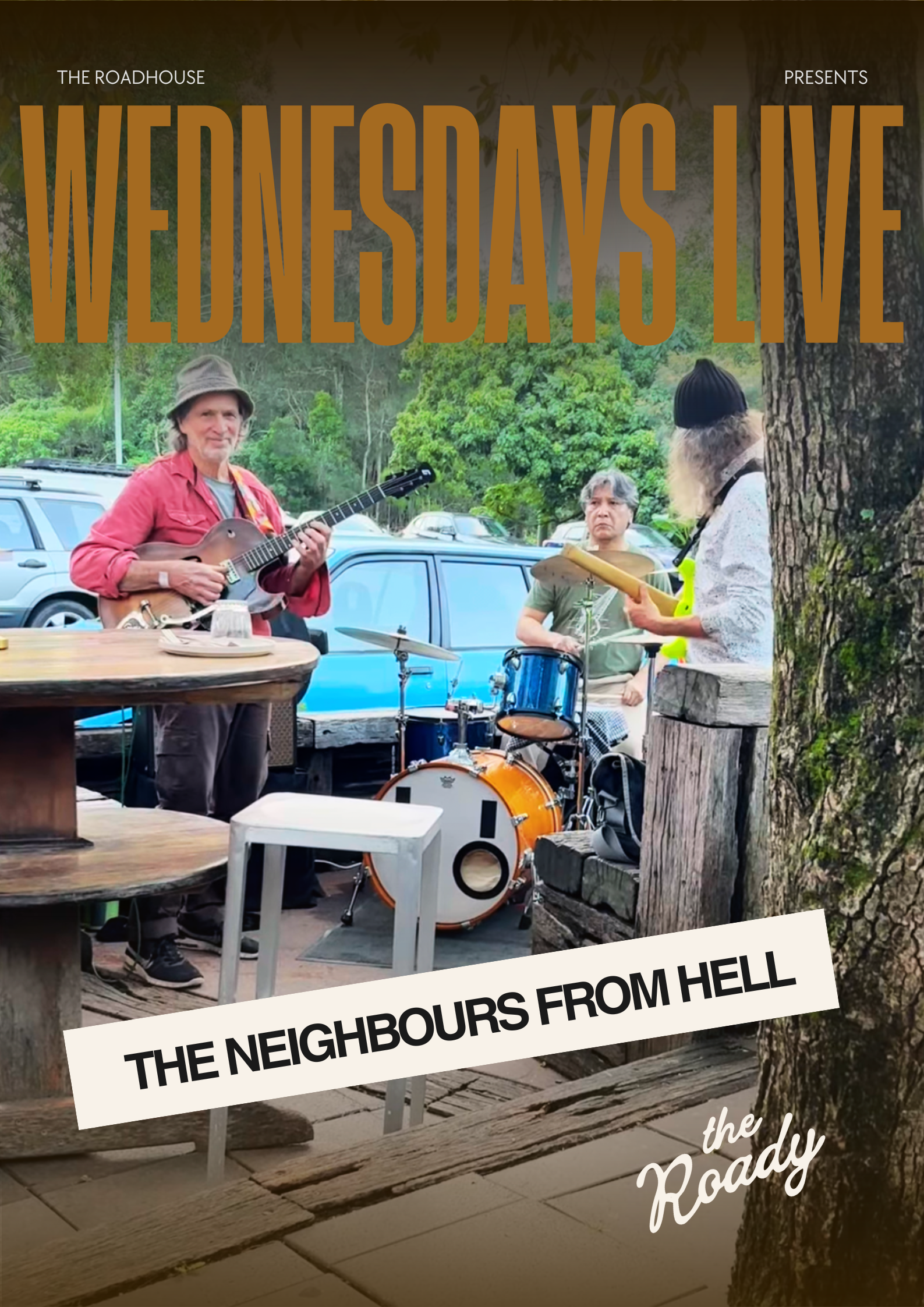 The Neighbours from hell playing at the roadhouse byron bay live music from 6pm on 29 October 2025