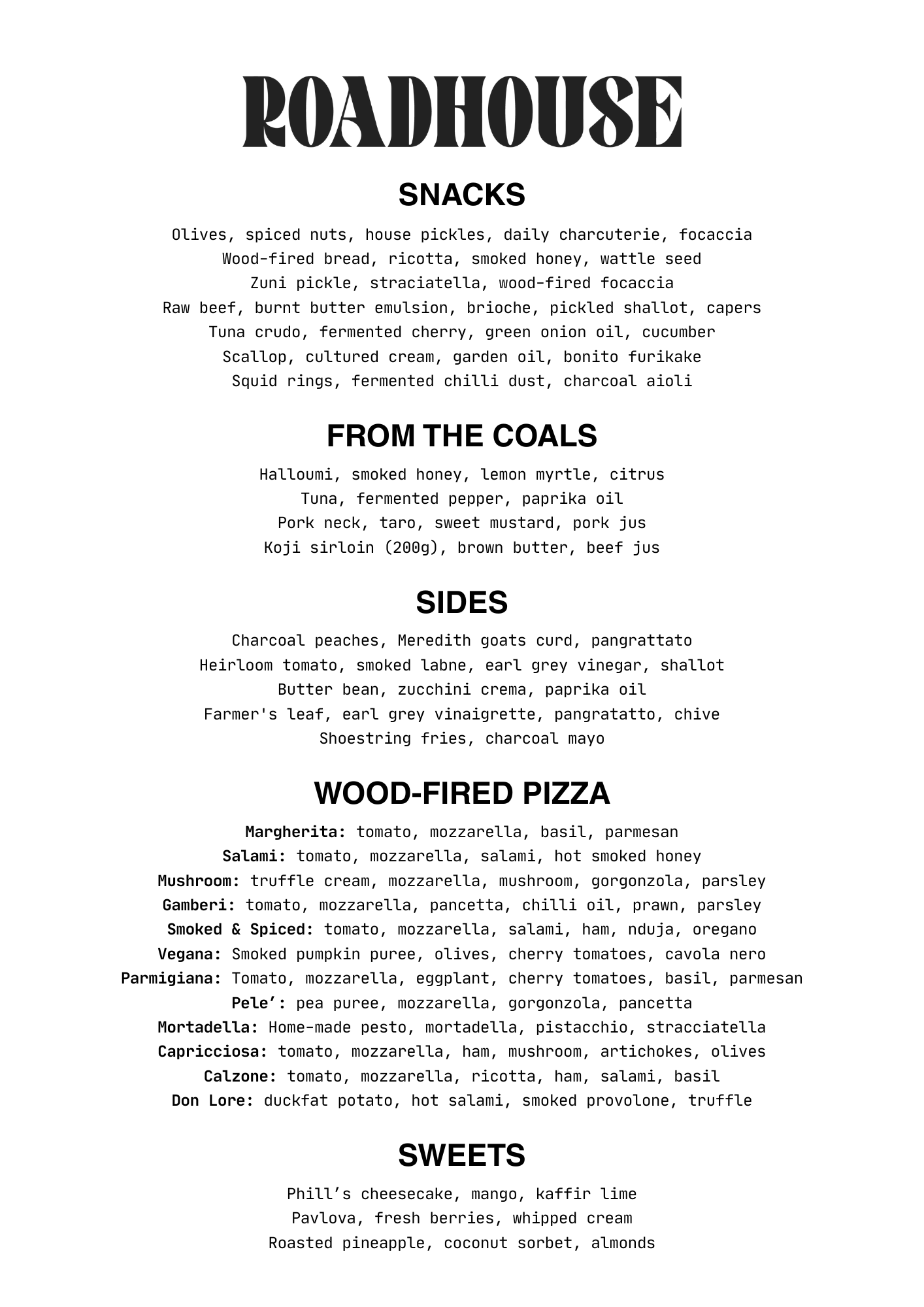 Roadhouse Byron Bay Night Menu 2025 NOVEMBER