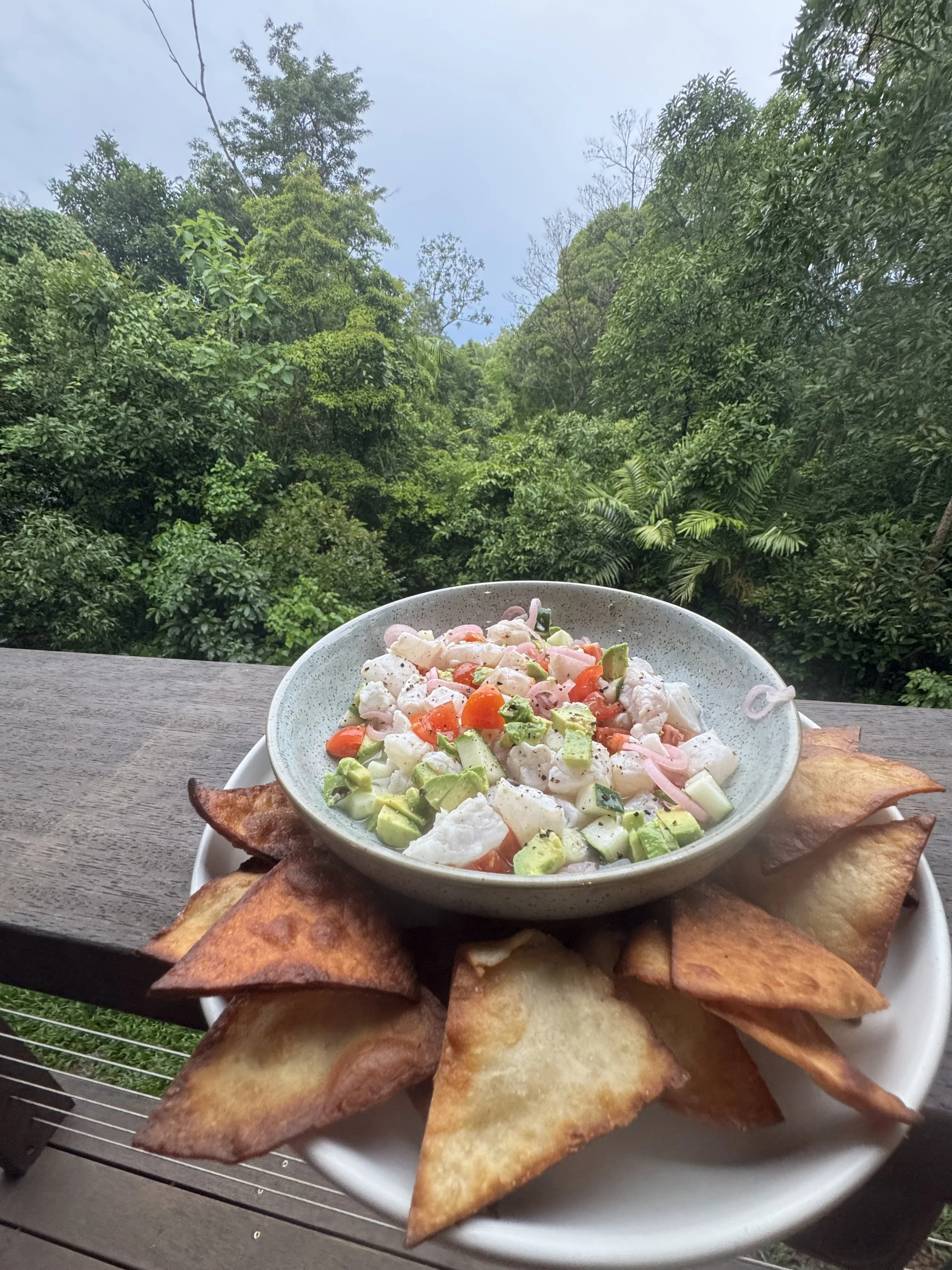 A bowl of tortilla chips surrounding a bowl of mixed vegetable salad on a wooden railing with a lush green forest in the background.