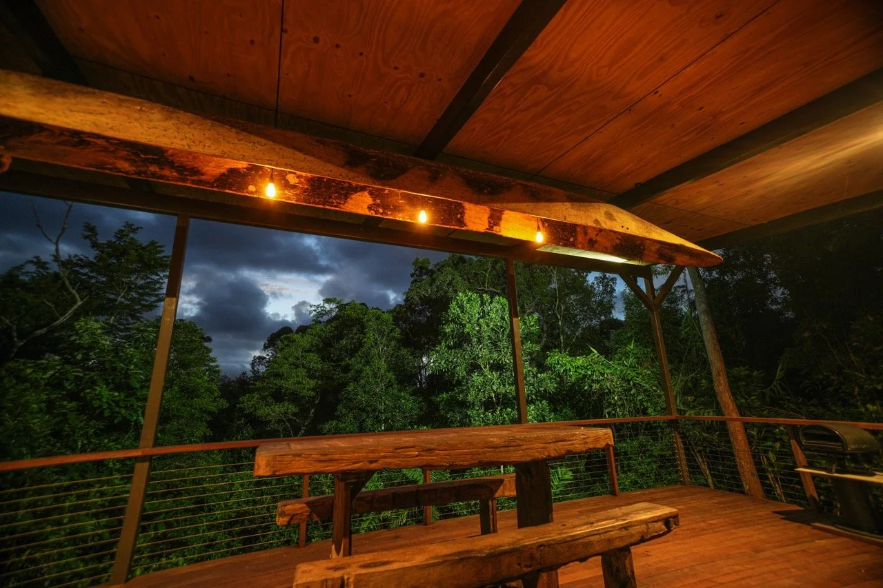 Wooden deck with a bench and table, overlooking a lush green forest with dark clouds in the sky, illuminated by small hanging lights.