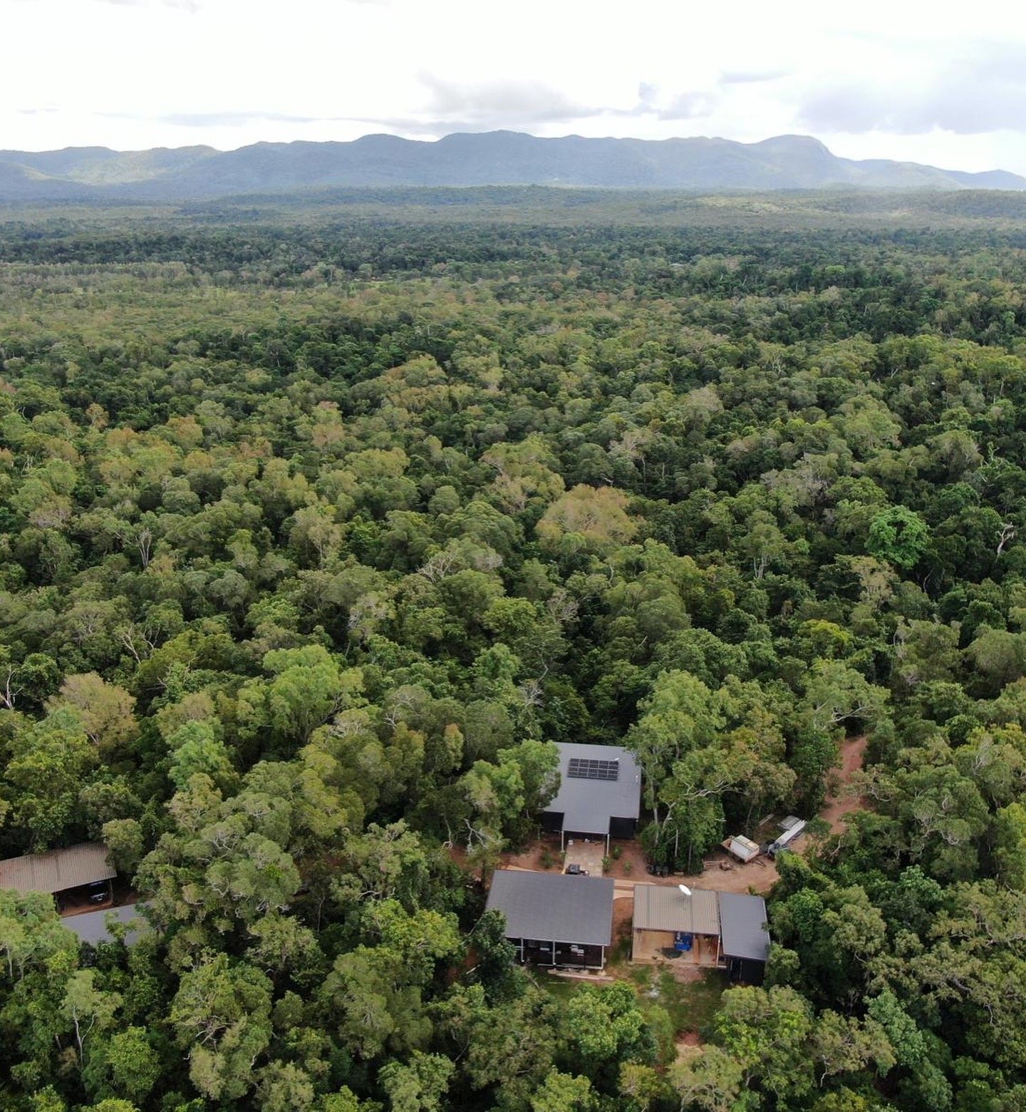 Aerial view of Turtle Creek Eco Lodge, surrounded by dense trees, with mountains in the distance under a cloudy sky.