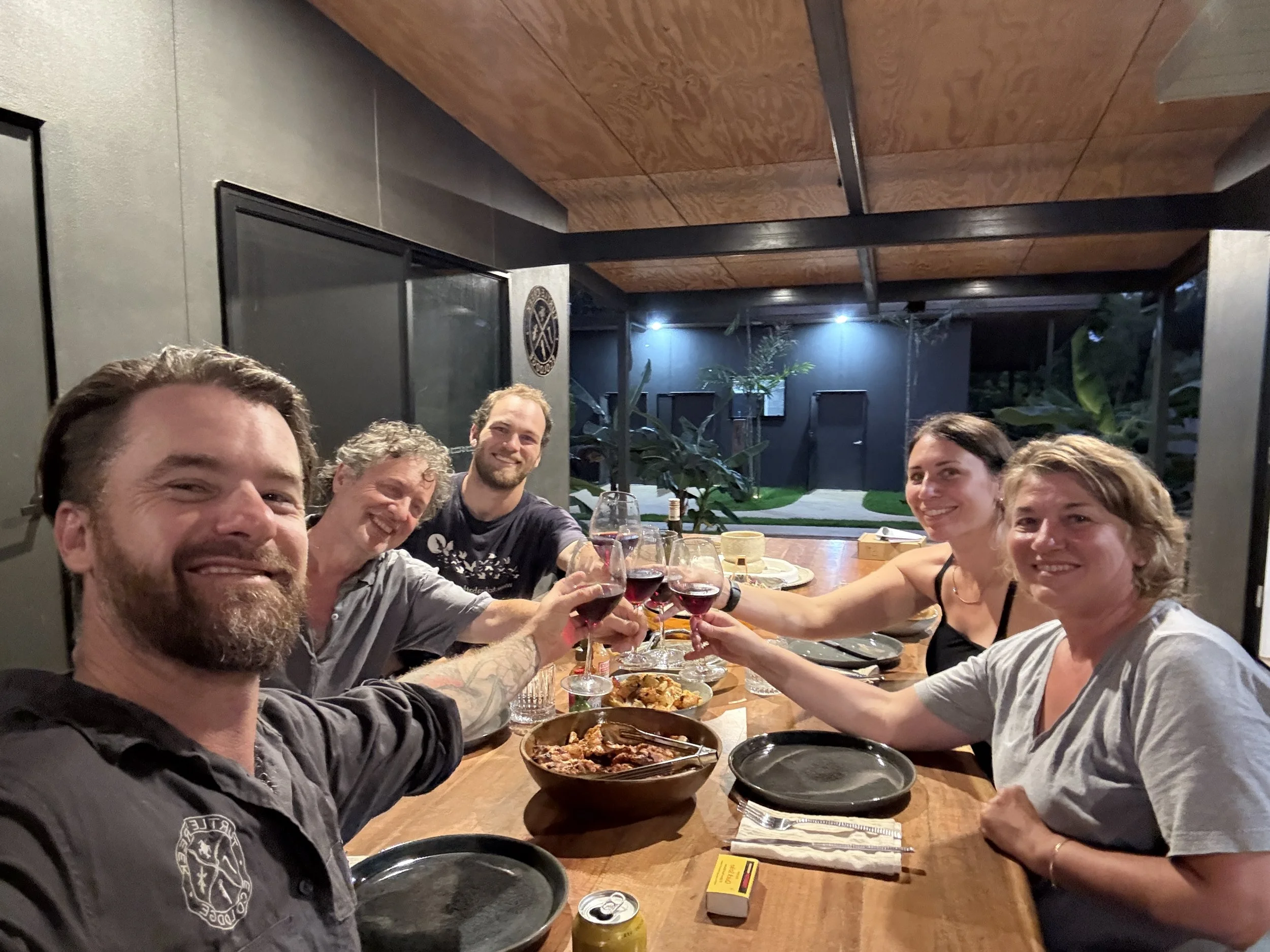 Five people sitting around a dinner table raising glasses of red wine in a toast, smiling at the camera during an evening gathering.