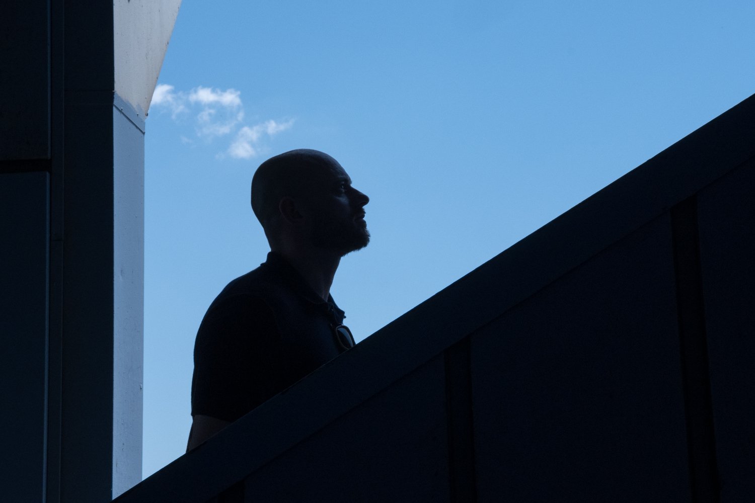 Silhouette of a bald man with a beard standing on a staircase outside, with a blue sky and a small cloud in the background.