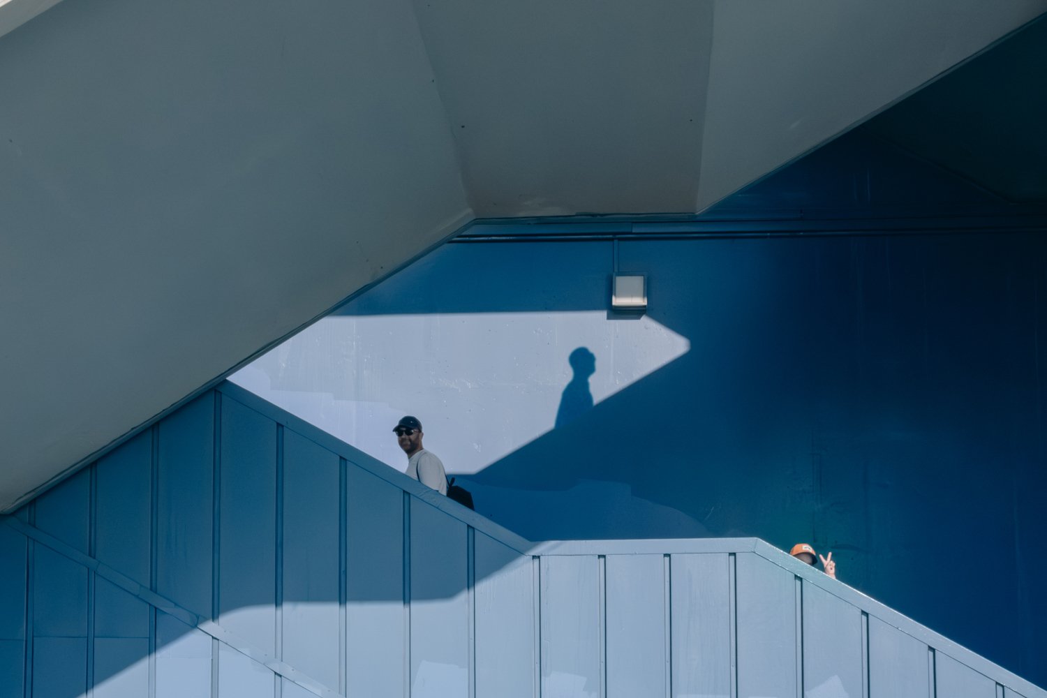 Two people on a blue stairwell, with shadows cast on the wall behind them. One person is wearing sunglasses and a cap, smiling and looking at the camera; the other person is making a peace sign, partially visible on the lower right.
