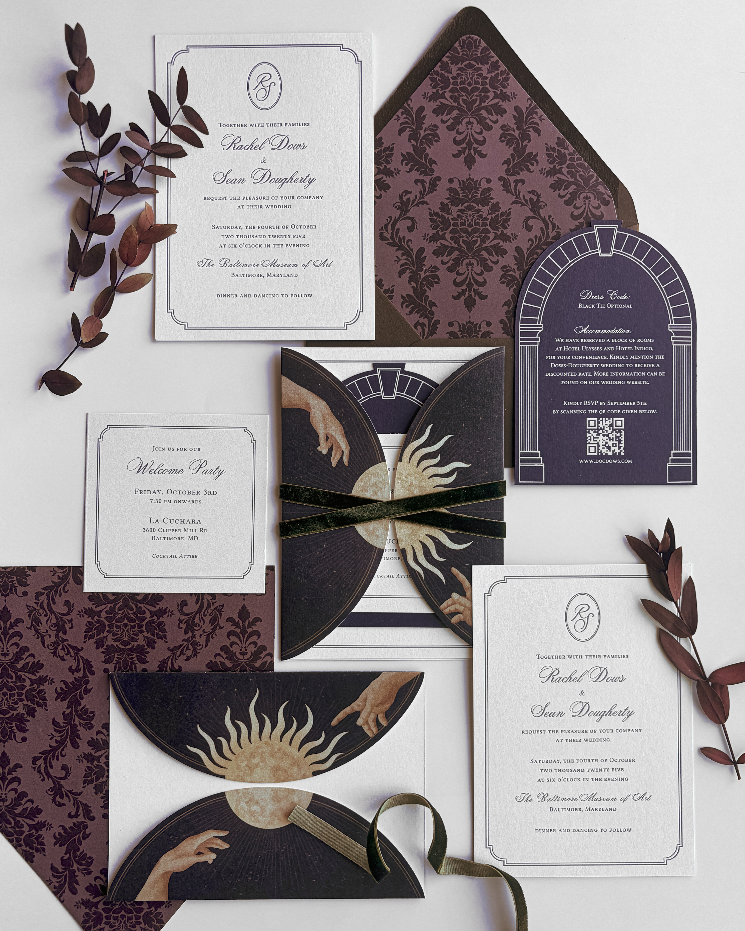 Celestial-inspired wedding invitation suite featuring deep plum and cream tones, Renaissance-style illustrated hands, sun motifs, velvet ribbon detailing, and layered arched stationery with romantic old-world design elements.