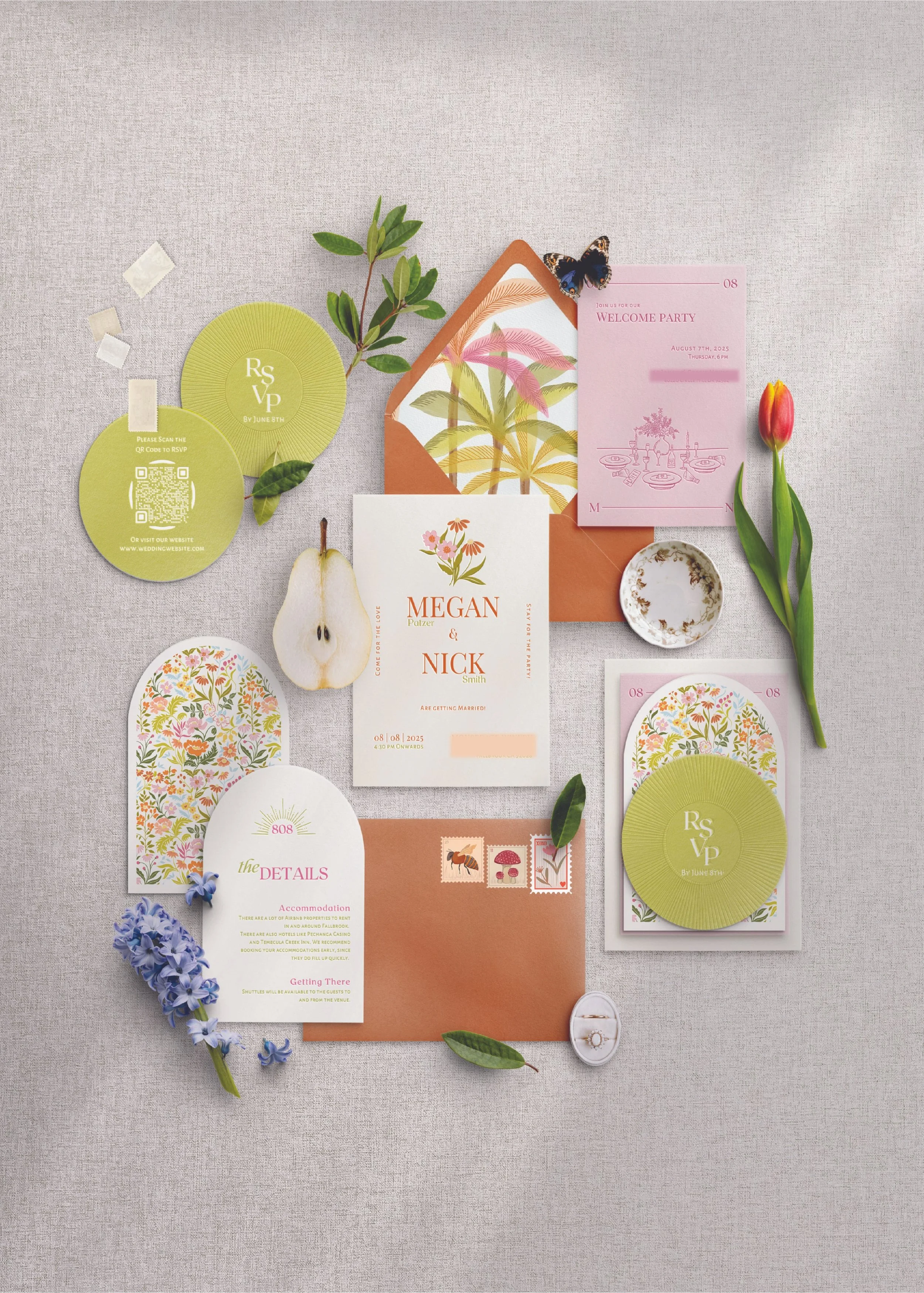 Modern, minimalist custom wedding invitation suite with colorful design and tropical elements