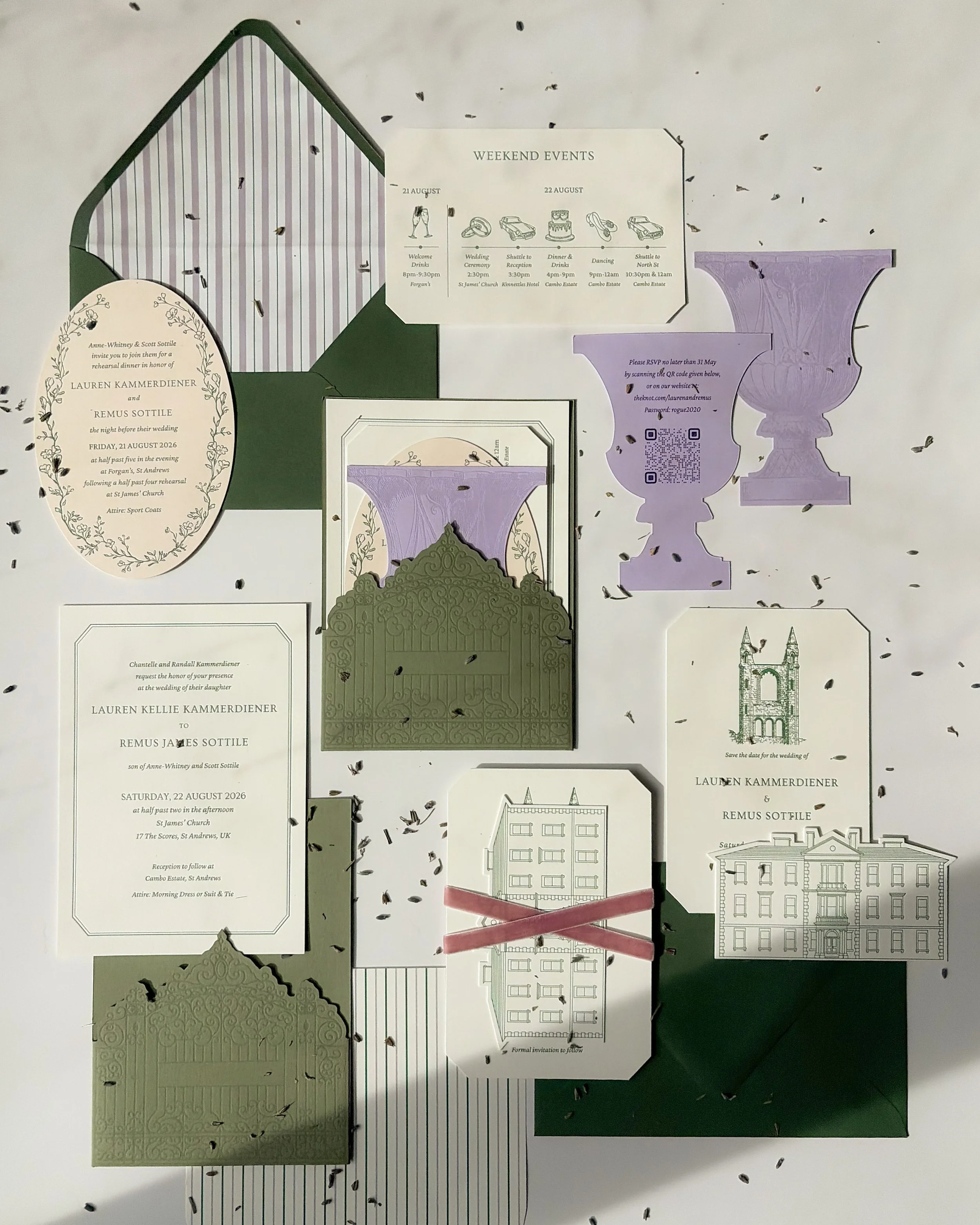 Romantic wedding invitation suite featuring custom die-cut gates, lavender and sage green details, architectural illustrations, striped envelope liners, velvet ribbon, and French-inspired stationery design elements.