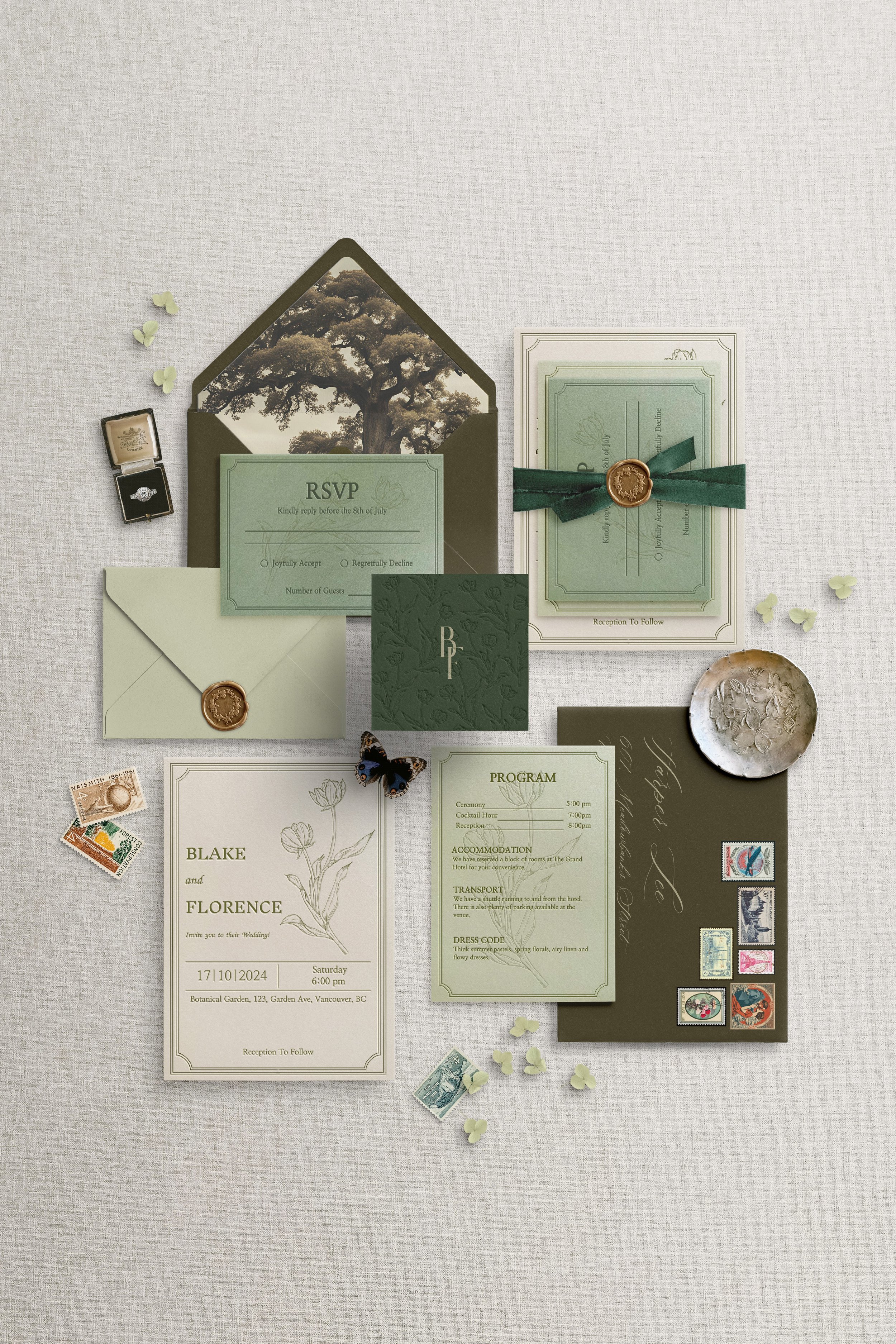 Botanical semi-custom wedding invitation suite in shades of green