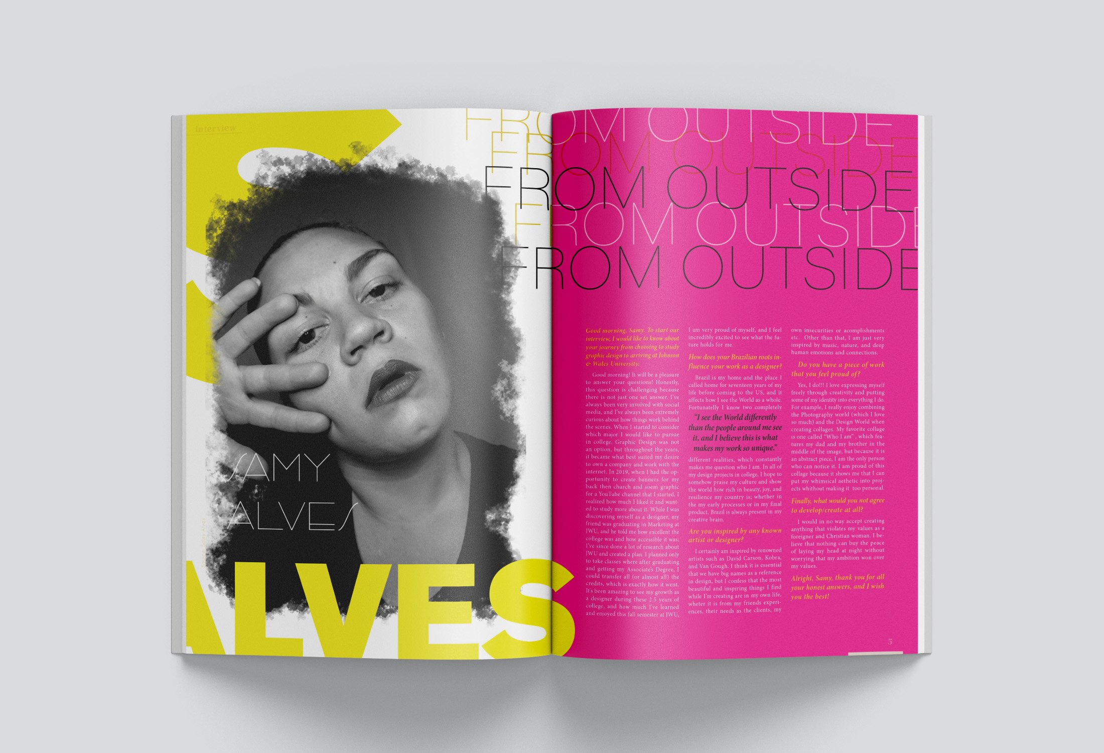 An open magazine featuring a black and white portrait of a woman with curly hair and a serious expression, with text overlay reading 'Amy Alves' and 'From Outside'. The right page has a bright pink background with black and yellow text.