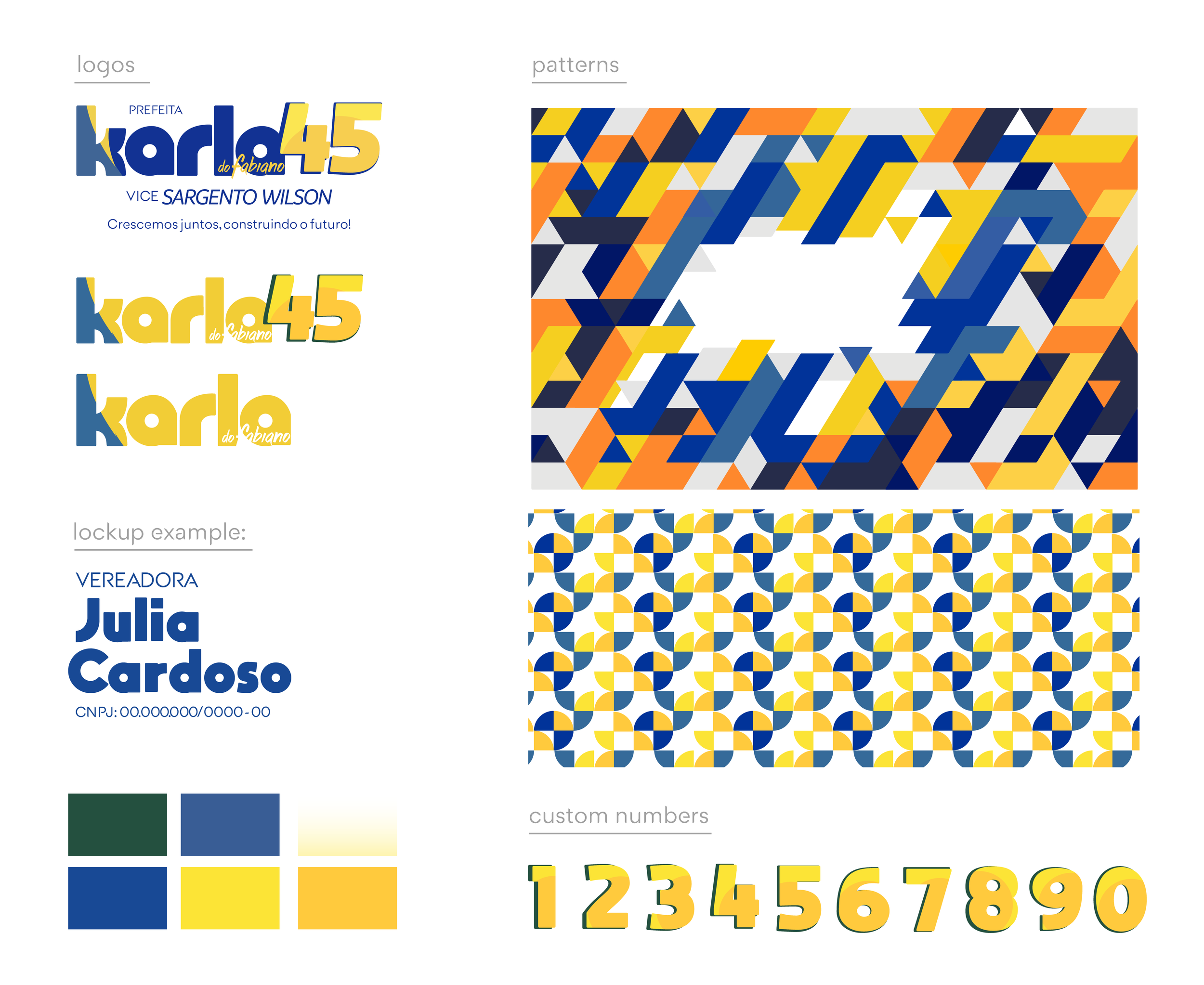 Design guide for municipal branding including logos, patterns, lockups, color palette, and custom numbers, featuring a colorful geometric pattern with shades of blue, yellow, orange, gray, and white.