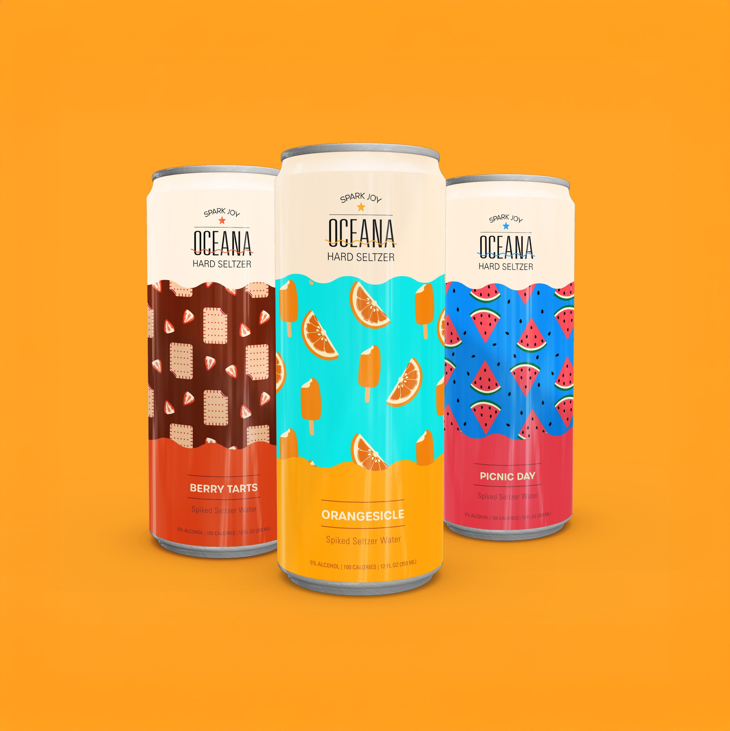 Three cans of Oceana Hard Seltzer with colorful fruit-themed labels on an orange background.