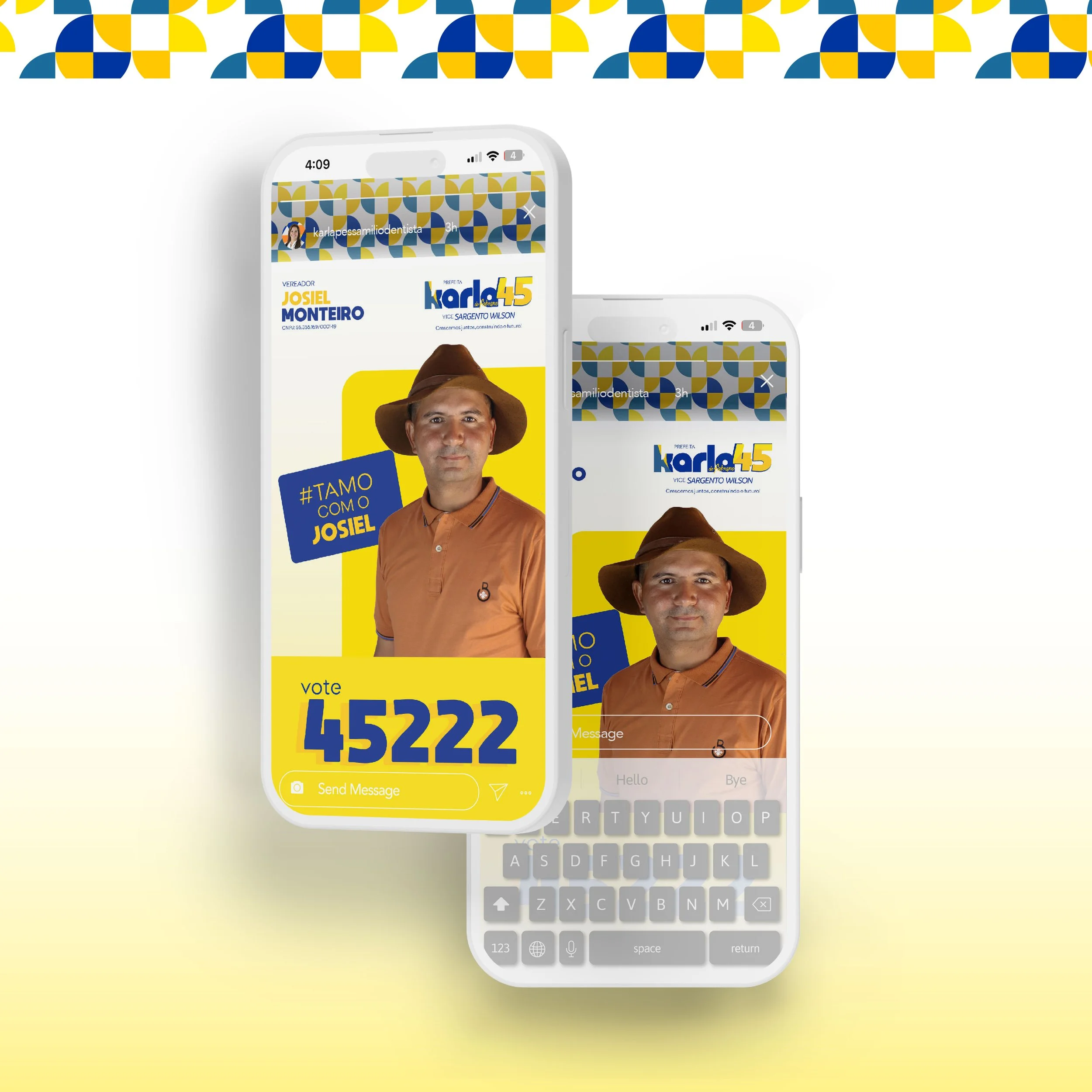 Digital campaign displaying a candidate's photo, name, and voting number on two smartphones with a colorful geometric border at the top. The candidate is a man wearing a brown hat and orange shirt, with campaign hashtags and voting instructions visible.
