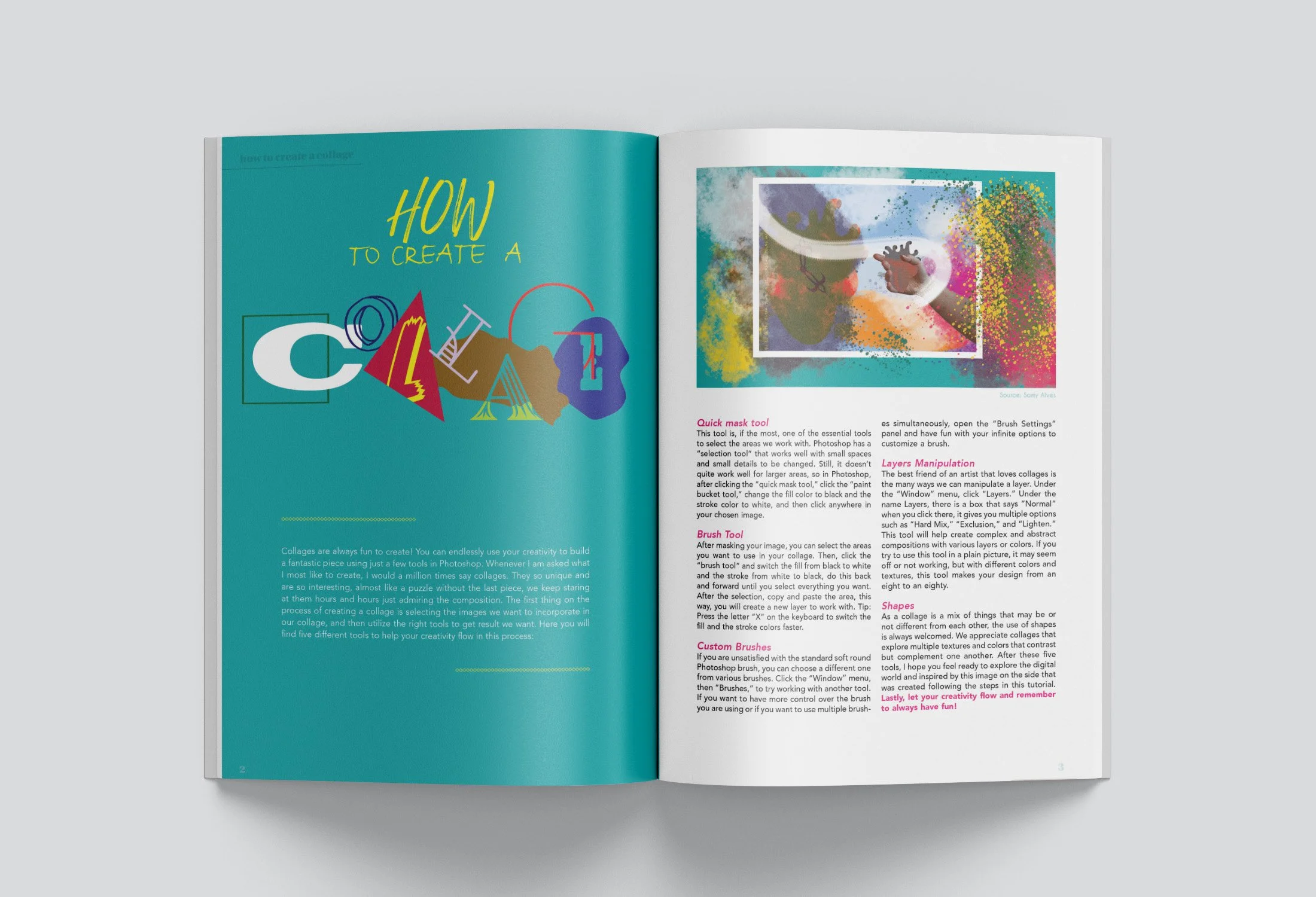 Open photo book showing pages with colorful collage artwork and text about creating collages, including sections on quick mask tool, layers manipulation, custom brushes, shapes, and techniques for digital collage art.