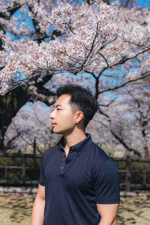 A young man in a navy polo shirt stands outdoors near cherry blossom trees in full bloom on a bright, sunny day.