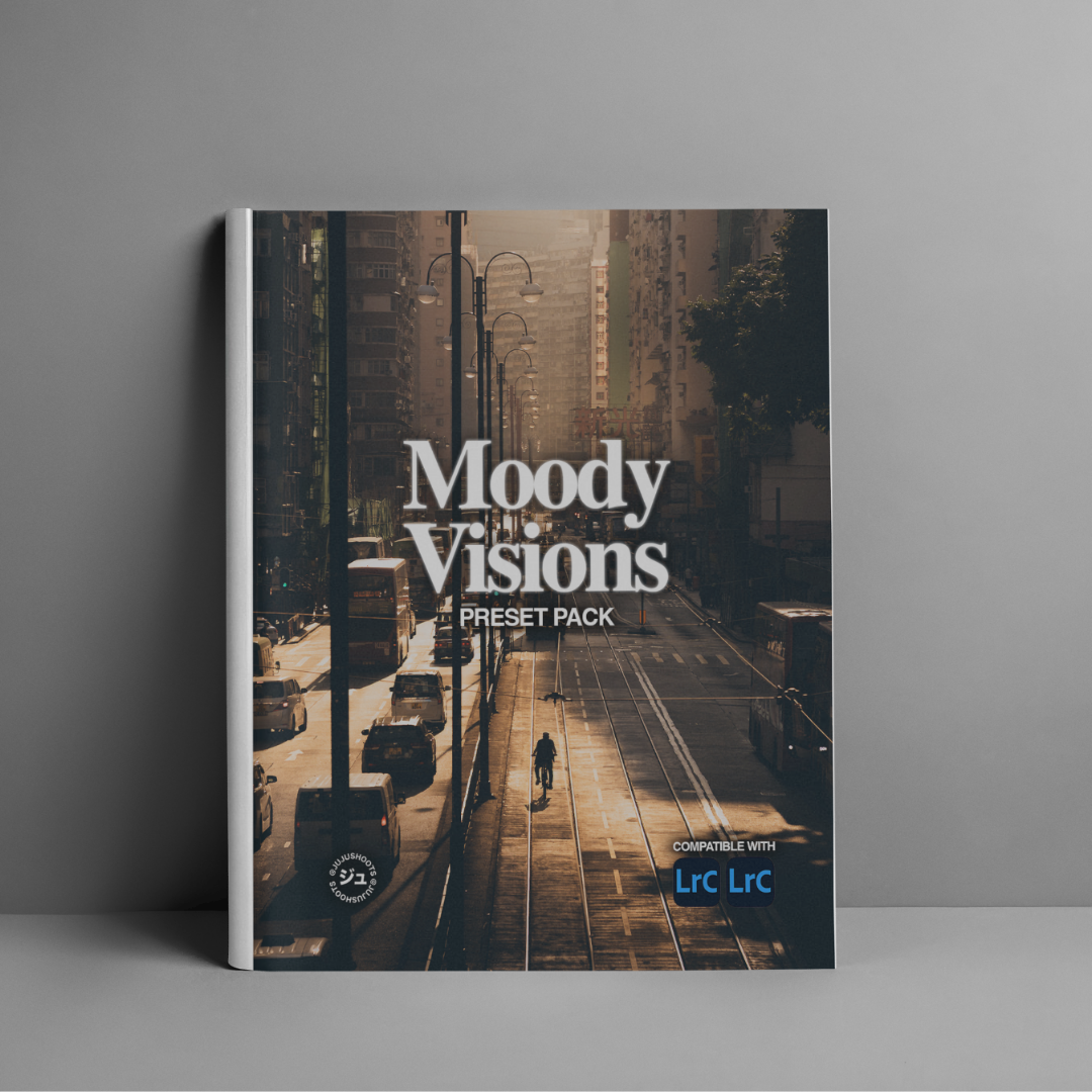 Cover of a preset pack called Moody Visions featuring a city street with cars, buses, street lamps, and a cyclist in a moody, dim lighting style.