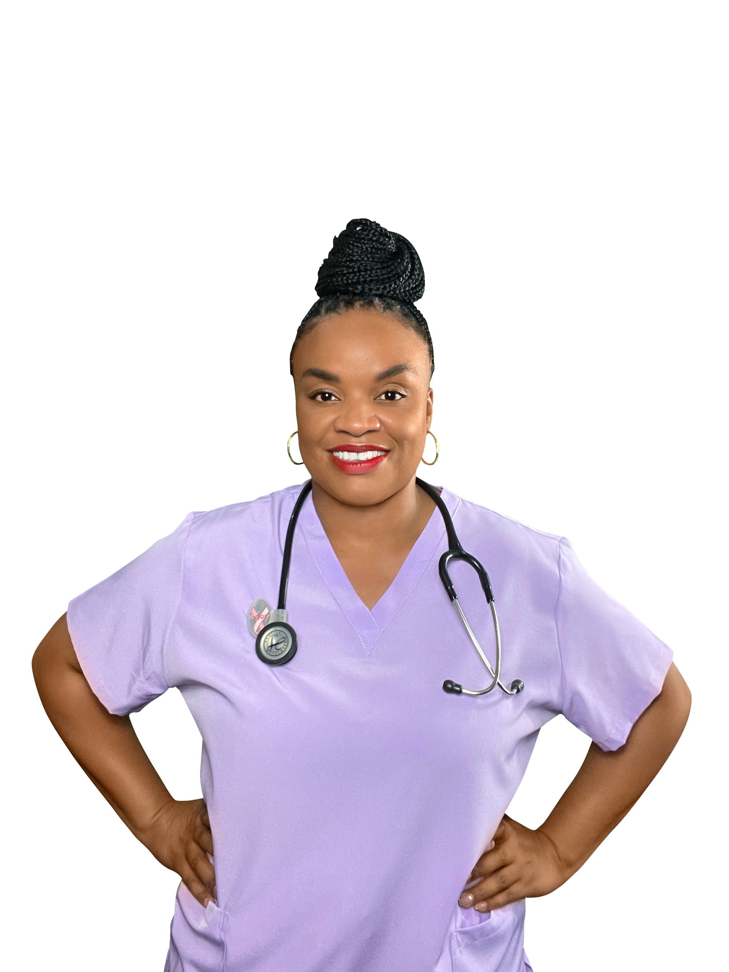 A smiling female nurse, Registered Nurse with menopause experience and expertise, wearing purple scrubs with a stethoscope around her neck, standing confidently with hands on hips.