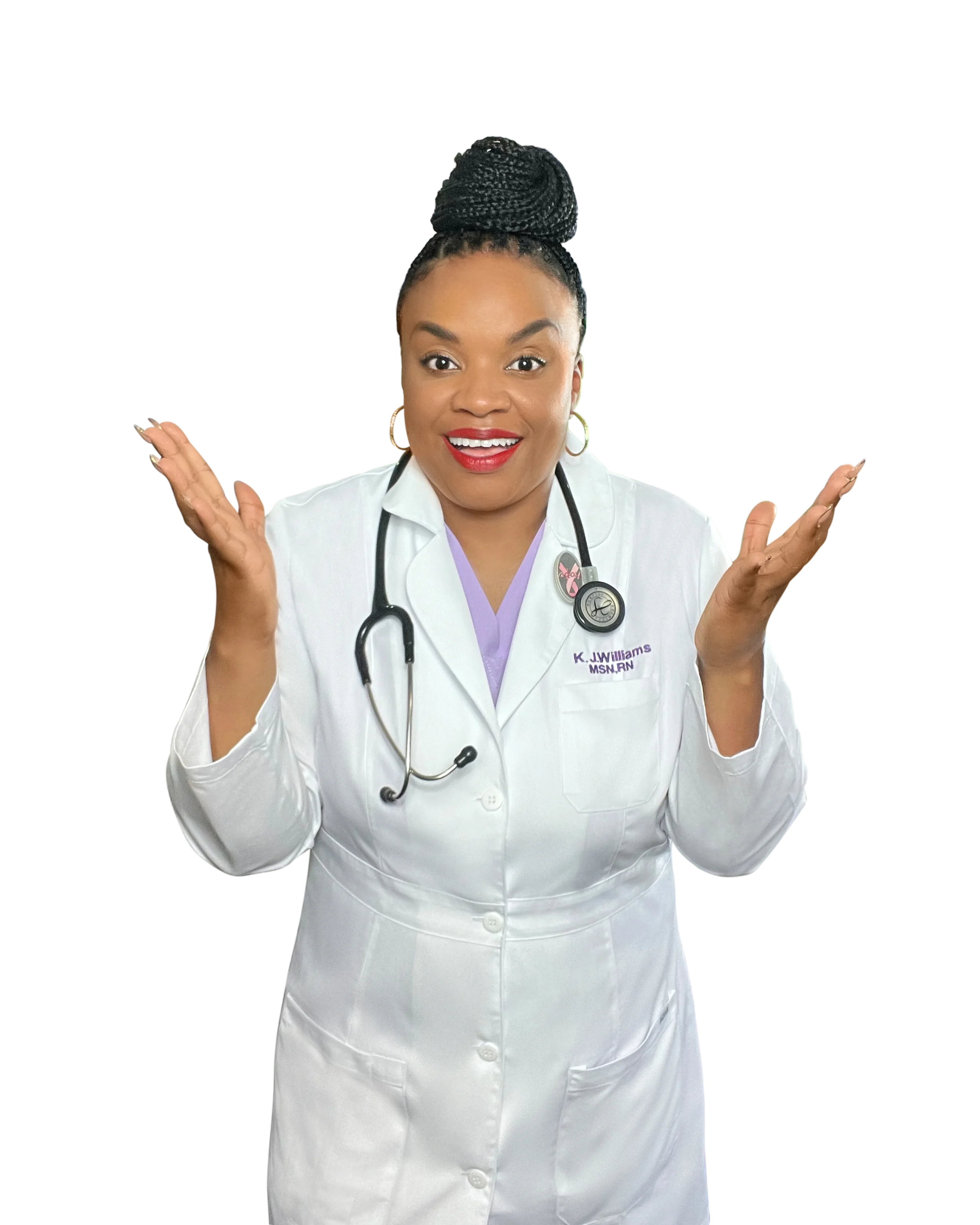 A female healthcare professional, Registered Nurse, wearing a white lab coat with a stethoscope around her neck and gold hoop earrings, smiling and gesturing with both hands.