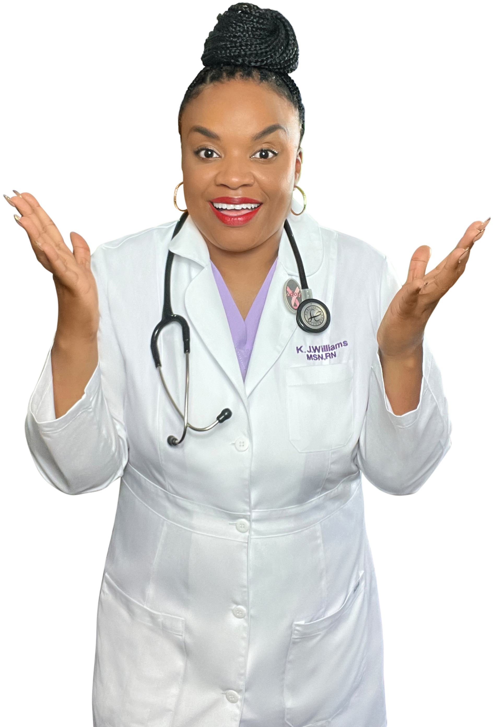 A smiling nurse wearing a white coat with a stethoscope, raising her hands in a friendly gesture.