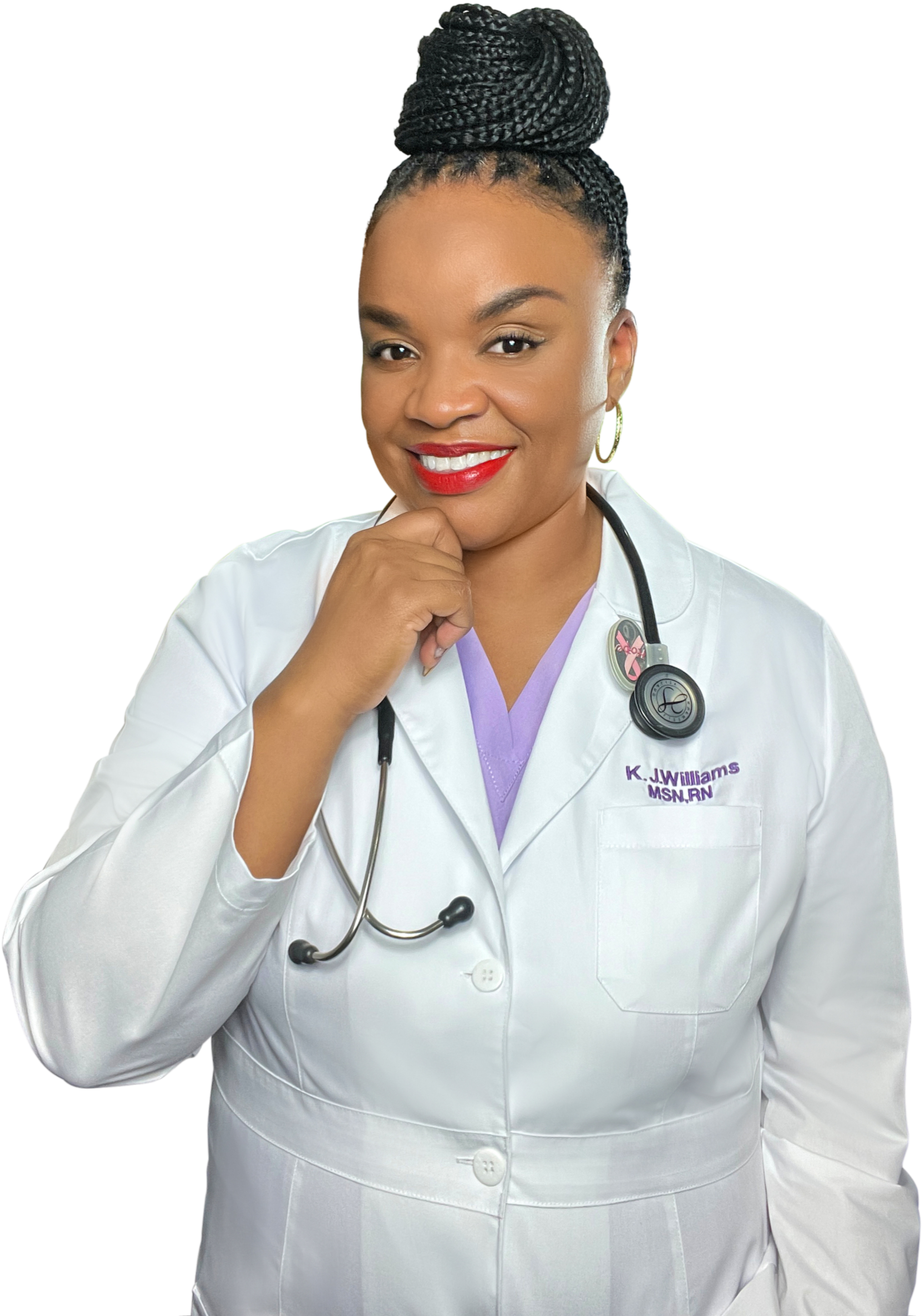 A female healthcare professional wearing a lab coat and a stethoscope around her neck, smiling confidently and looking at the camera.