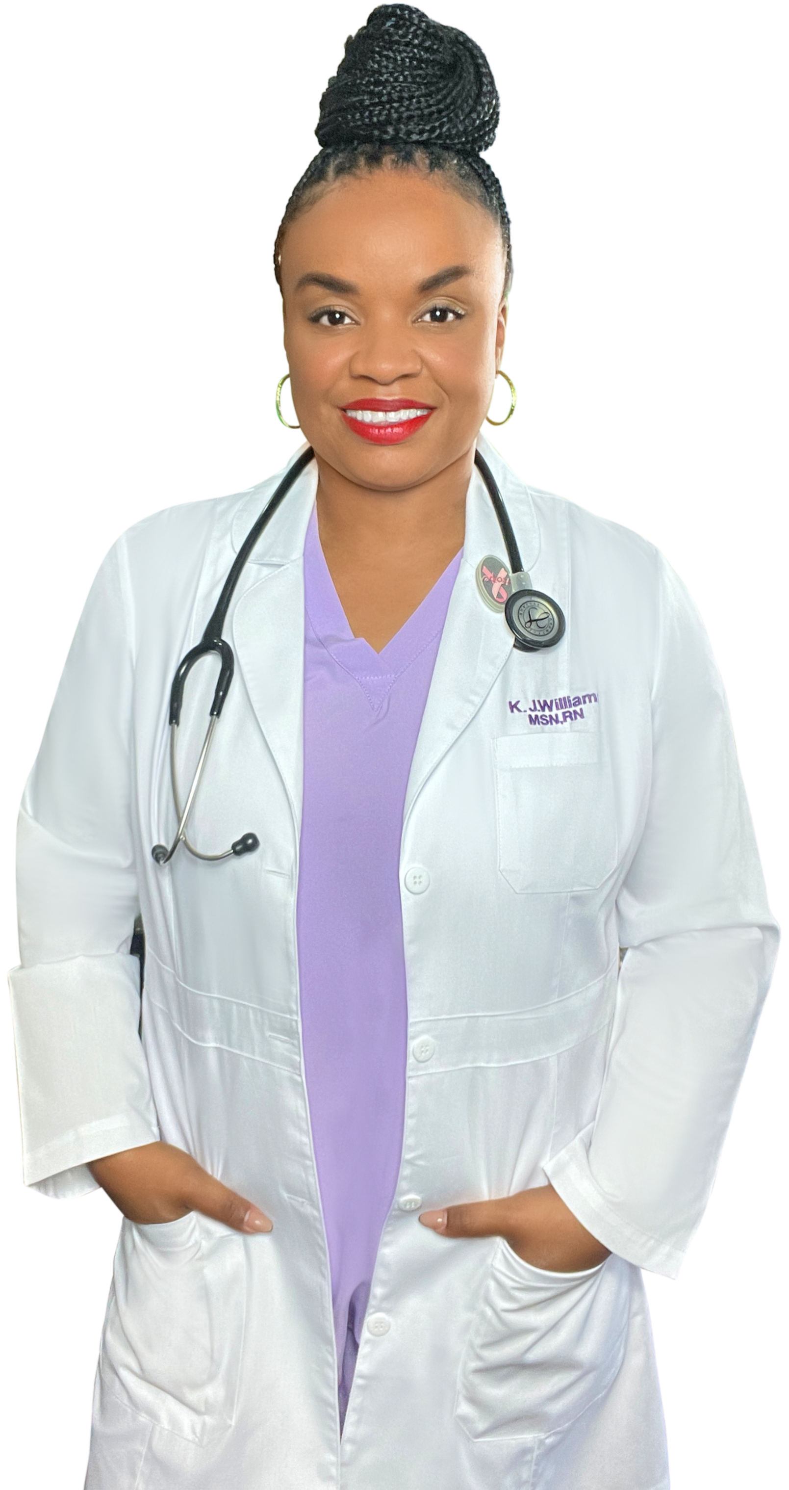 A female nurse wearing a white coat with a stethoscope around her neck, smiling at the camera.