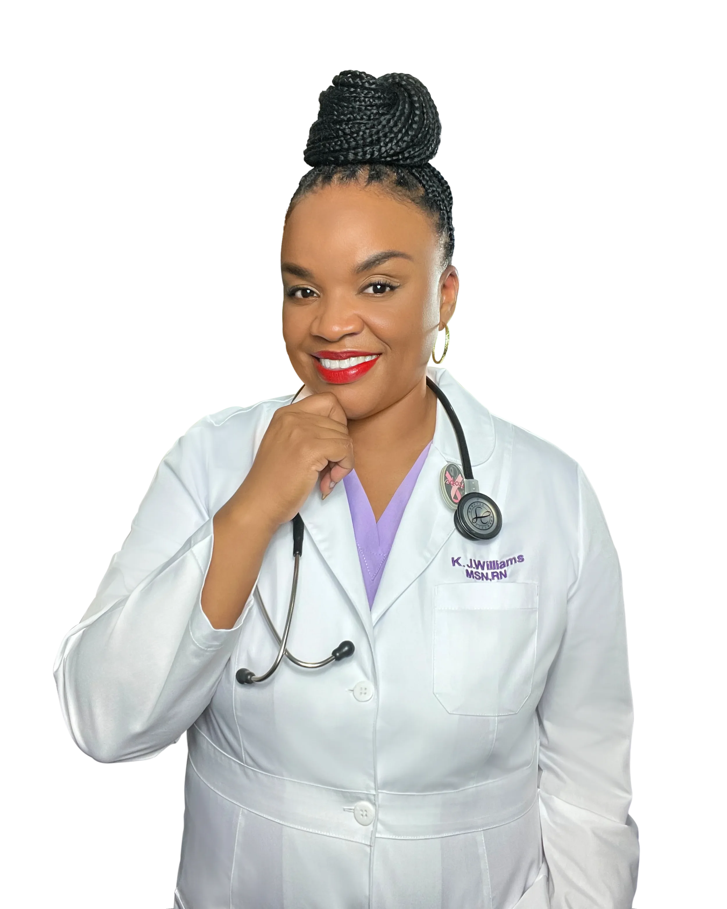 A smiling female healthcare professional Nurse Kim, a Master’s-prepared Registered Nurse with 25+ years of experience and menopause expertise, dark braided hair in a high bun, wearing a white lab coat with embroidered name and a stethoscope