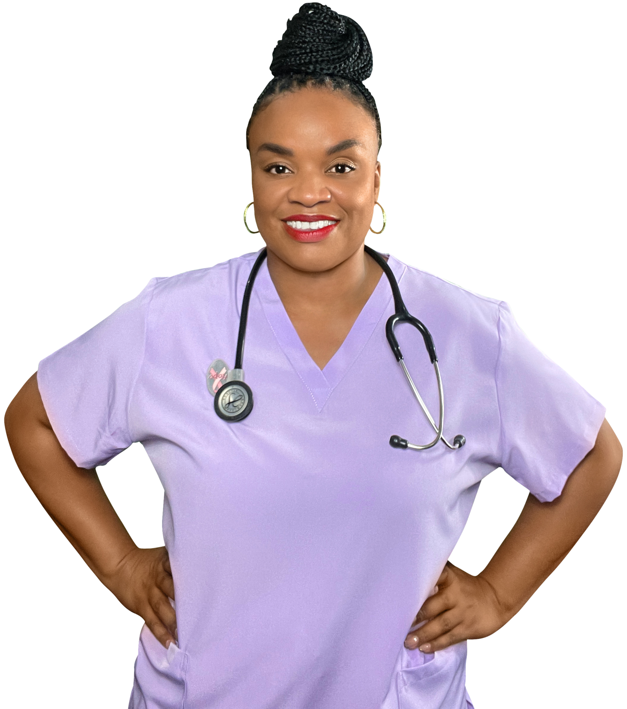 A female healthcare professional wearing purple scrubs and a stethoscope around her neck, smiling with hands on her hips.