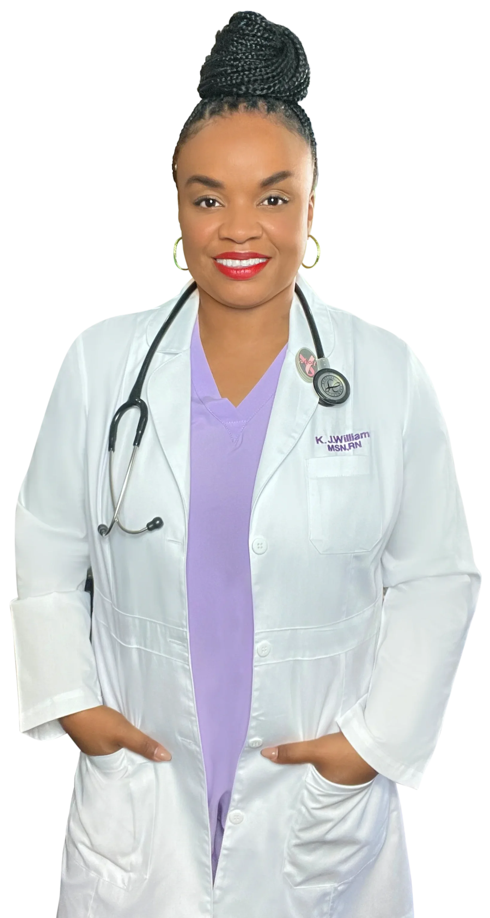 A female healthcare professional wearing a white coat smiling, with her hands in her coat pockets. Nurse Kim is a Master’s-prepared Registered Nurse with 25+ years of healthcare experience and personal insight into the challenges of menopause.