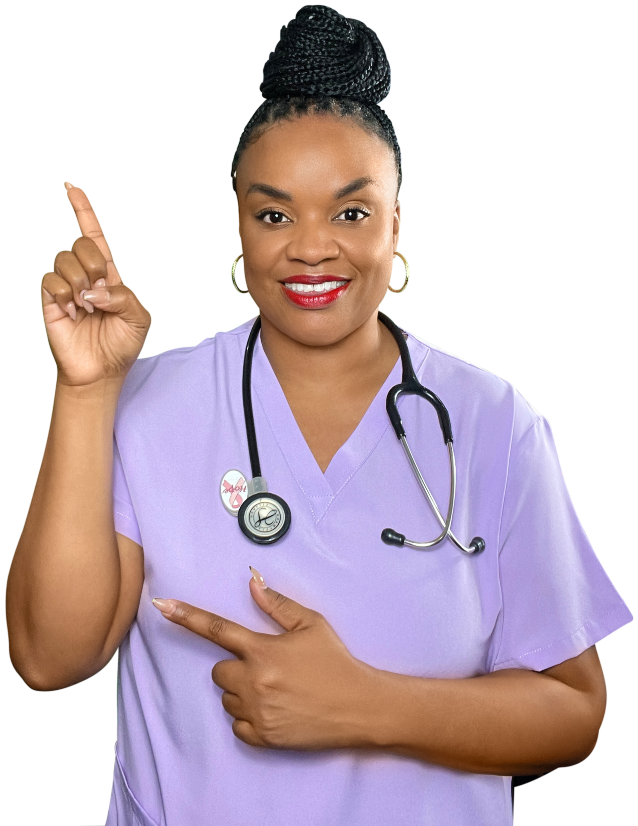 A smiling female nurse in lavender scrubs with a stethoscope around her neck, pointing upwards with her right index finger and pointing to her chest with her left hand.