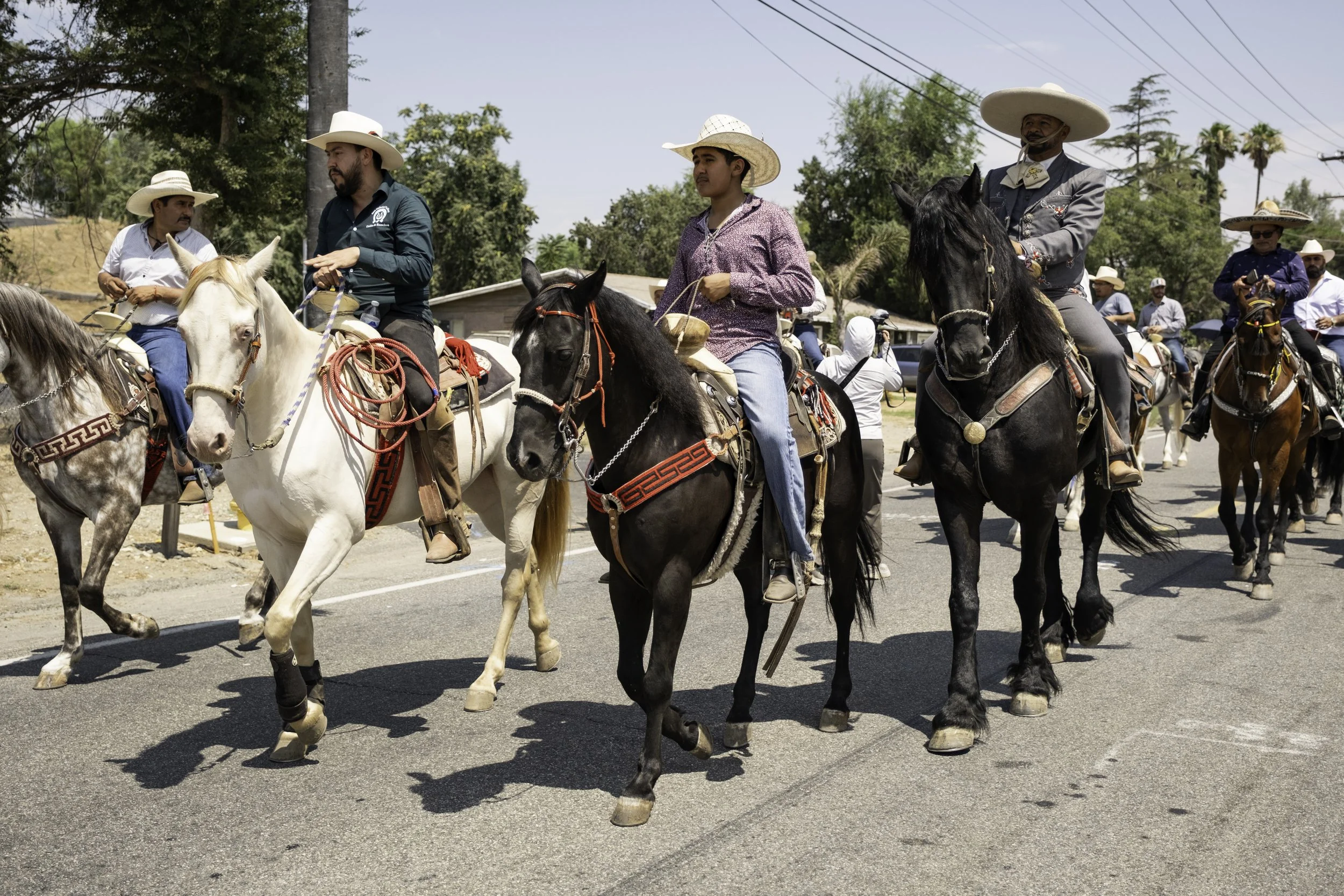 Multipe Vaqueros riding their horses during cabalgata protest.