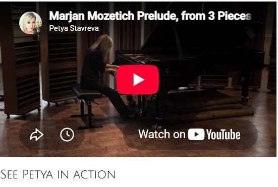 A woman playing the piano in a recording studio with wooden floors and acoustic panels, with a YouTube overlay and text about a performance by Petya Stavreva.