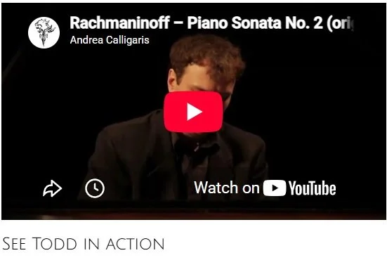 Screenshot of a YouTube video titled 'Rachmaninoff - Piano Sonata No. 2' by Andrea Calligaris, showing a person with curly hair in a black suit, with a red play button overlayed in the center.