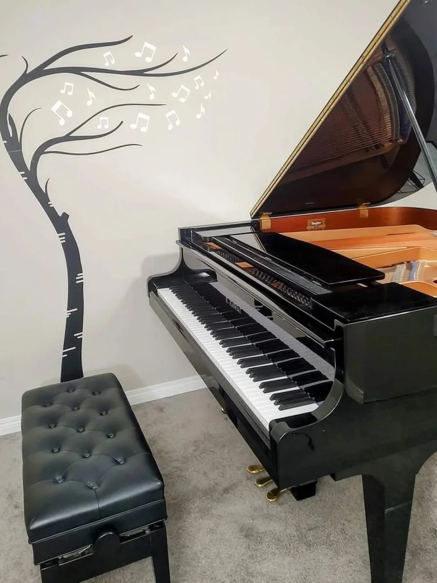 A black grand piano with a matching black piano bench in a room with beige carpet, a wall decal of a tree with musical notes, and a white wall.