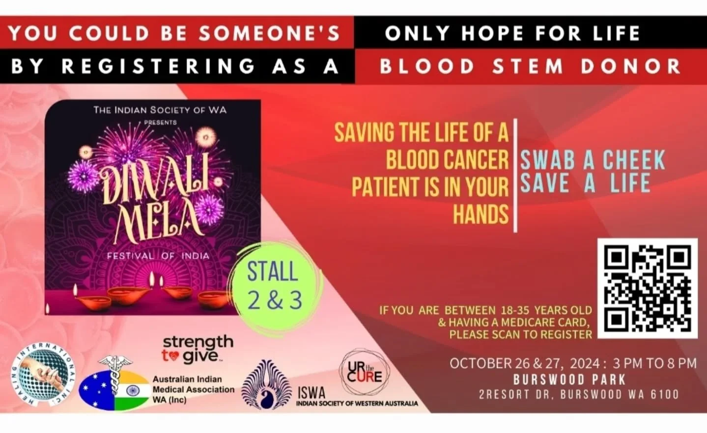 🎆 DIWALI MELA 🎆

This weekend October 26 &amp; 27 at Burswood Park!

Visit Stall 2 &amp; 3 and learn how a simple mouth cheek swab can save a life!

#Match4Anjali

🩸 Anjali is 5 years old and has blood cancer, she needs to find a blood stem cell d